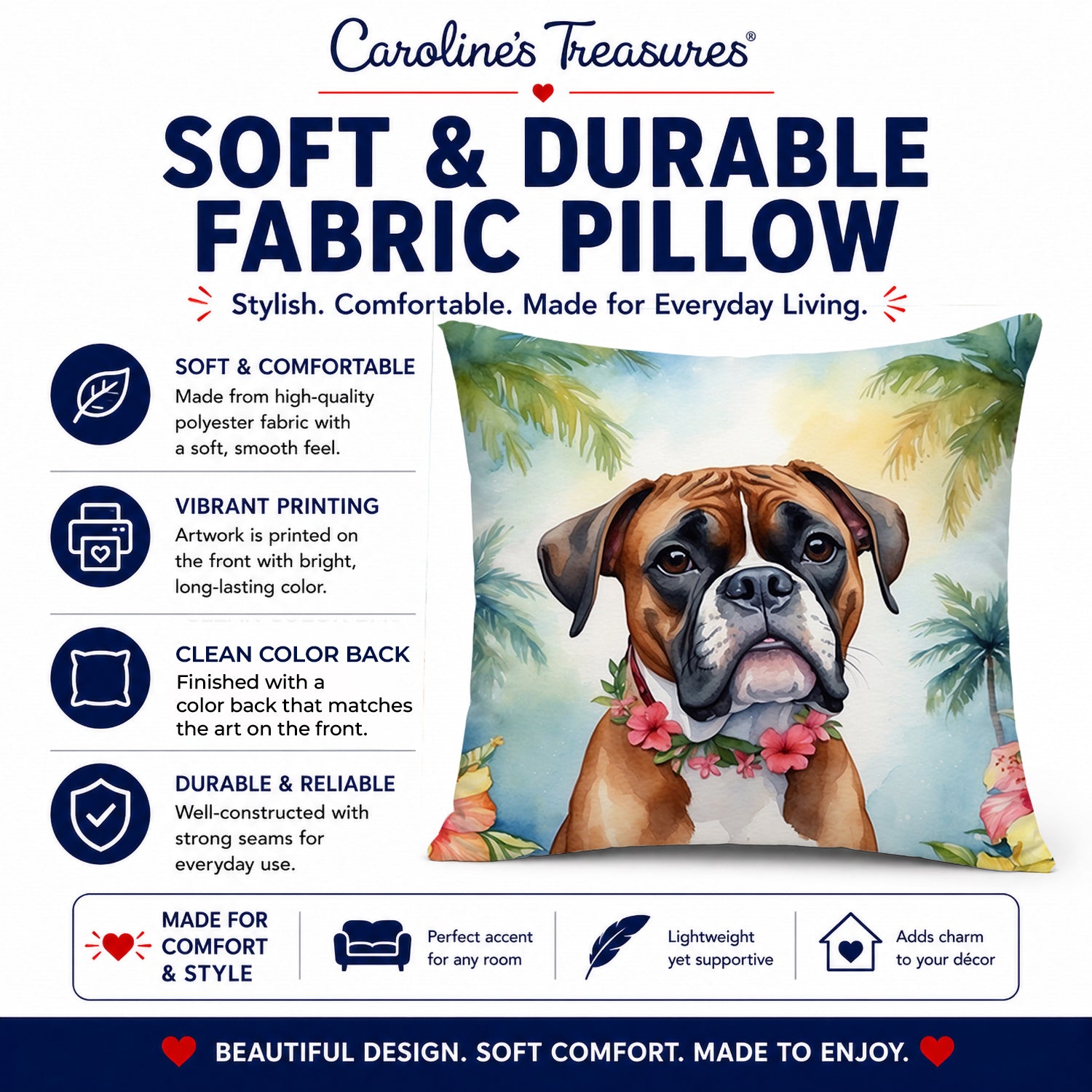 Boxer Luau Decorative Throw Pillow 14x14 Indoor Outdoor Accent Cushion, Fabric Cover with Insert for Sofa, Bed, Porch & Living Room