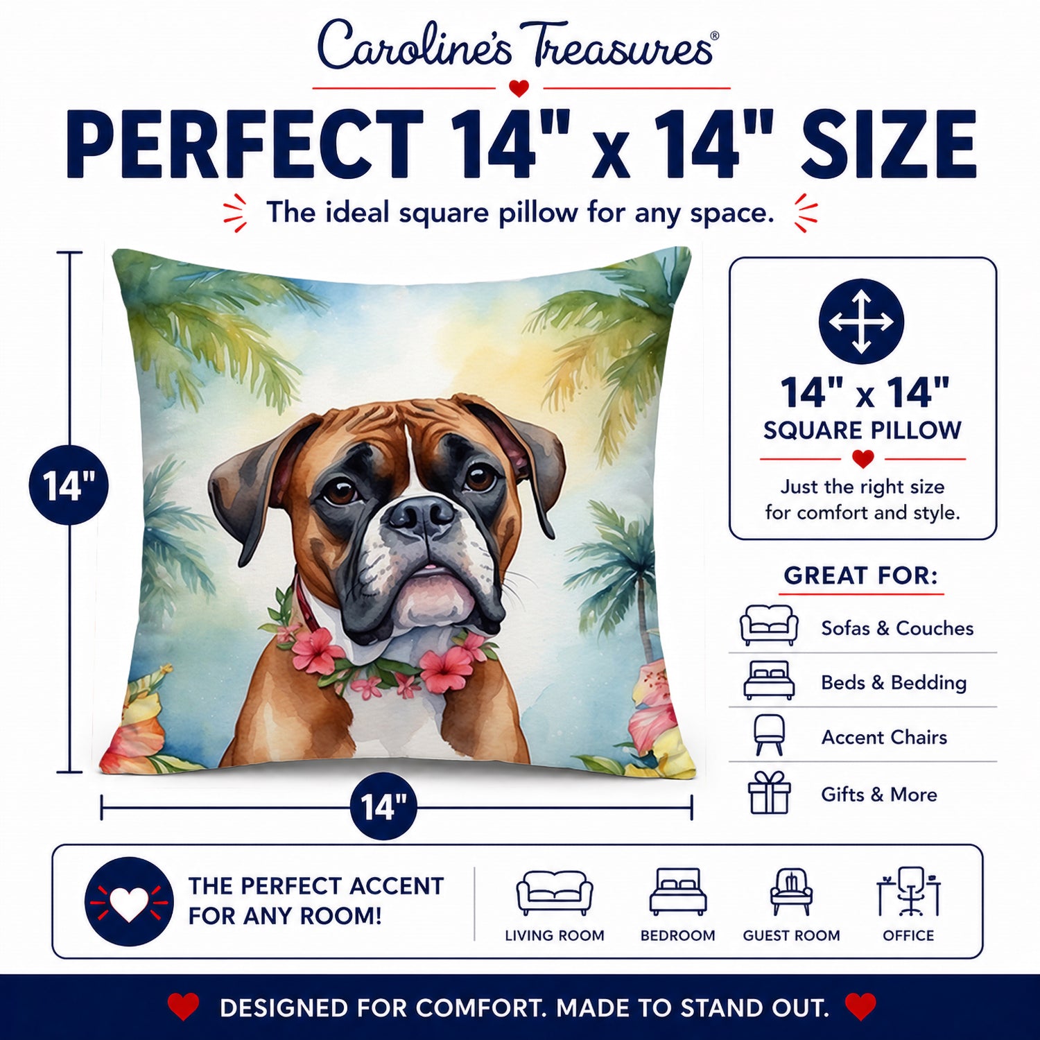 Boxer Luau Decorative Throw Pillow 14x14 Indoor Outdoor Accent Cushion, Fabric Cover with Insert for Sofa, Bed, Porch & Living Room