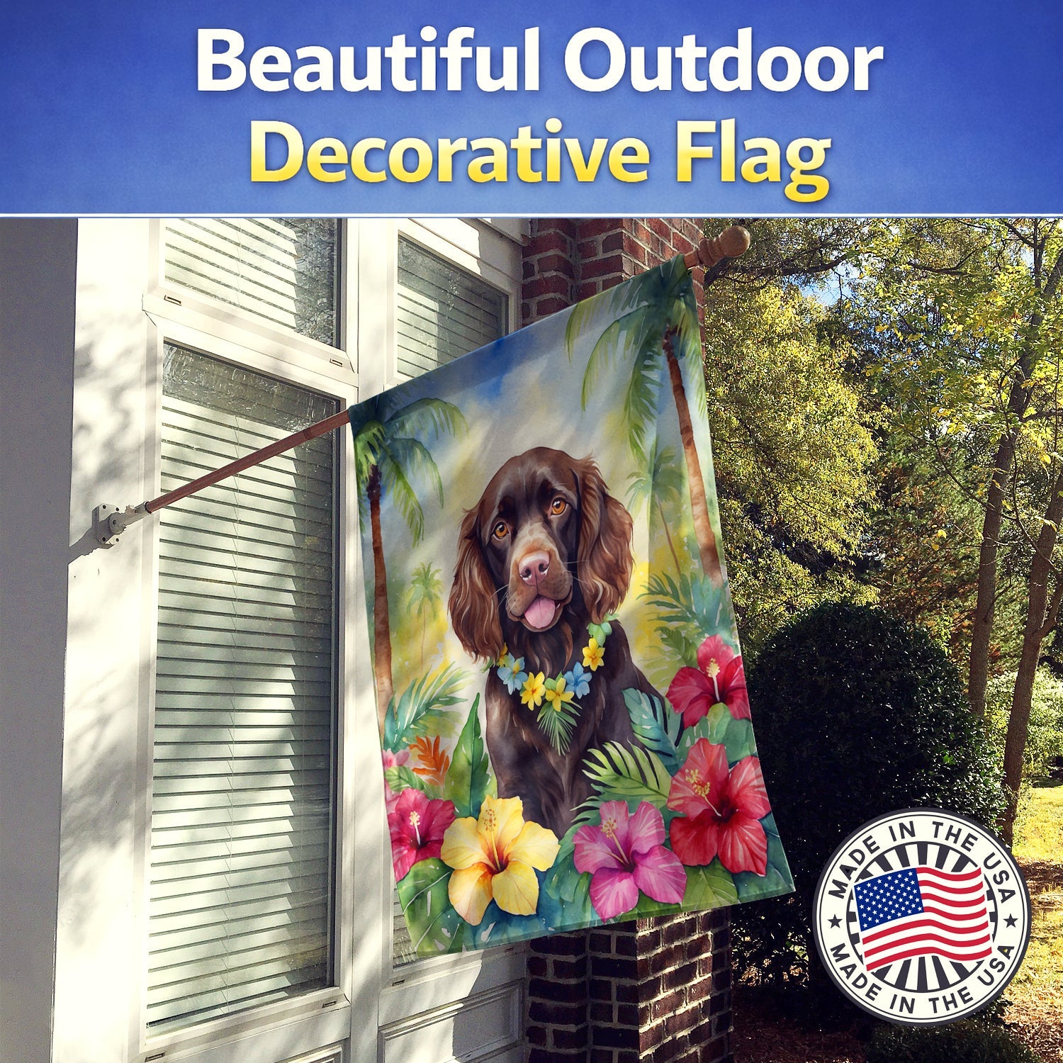 Boykin Spaniel Luau House Flag 28x40 Porch Sleeve Pole Decorative Outside Yard Banner Artwork Wall Hanging, Polyester