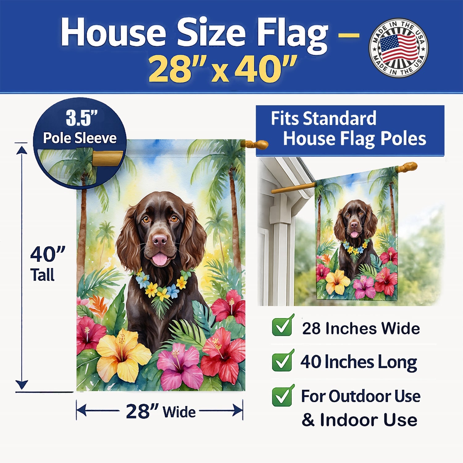 Boykin Spaniel Luau House Flag 28x40 Porch Sleeve Pole Decorative Outside Yard Banner Artwork Wall Hanging, Polyester