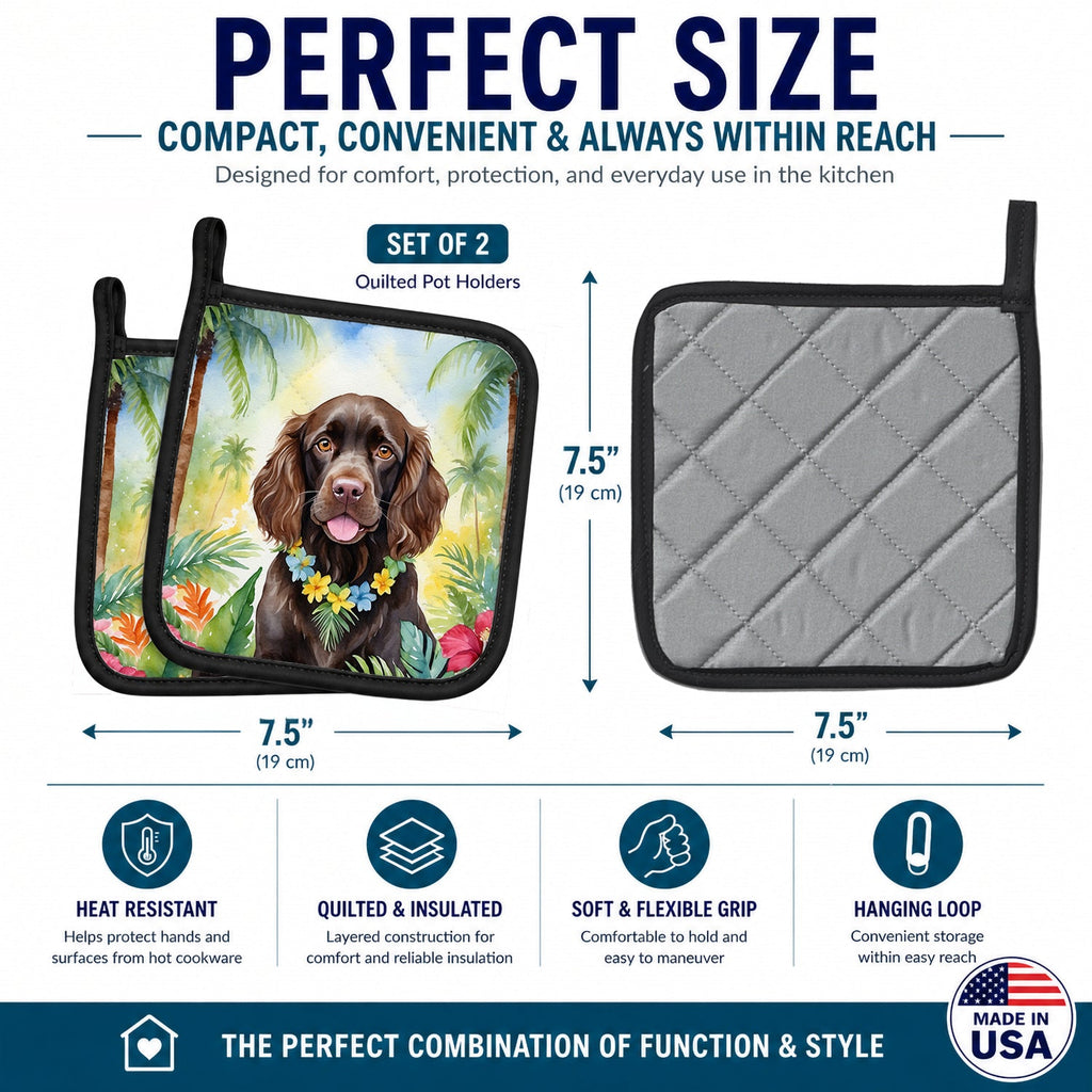 Boykin Spaniel Luau Pot Holder Set of 2 Heat Resistant Quilted Hot Pads 7.5 x 7.5 Inch, Insulated Kitchen Trivets for Cooking & Baking