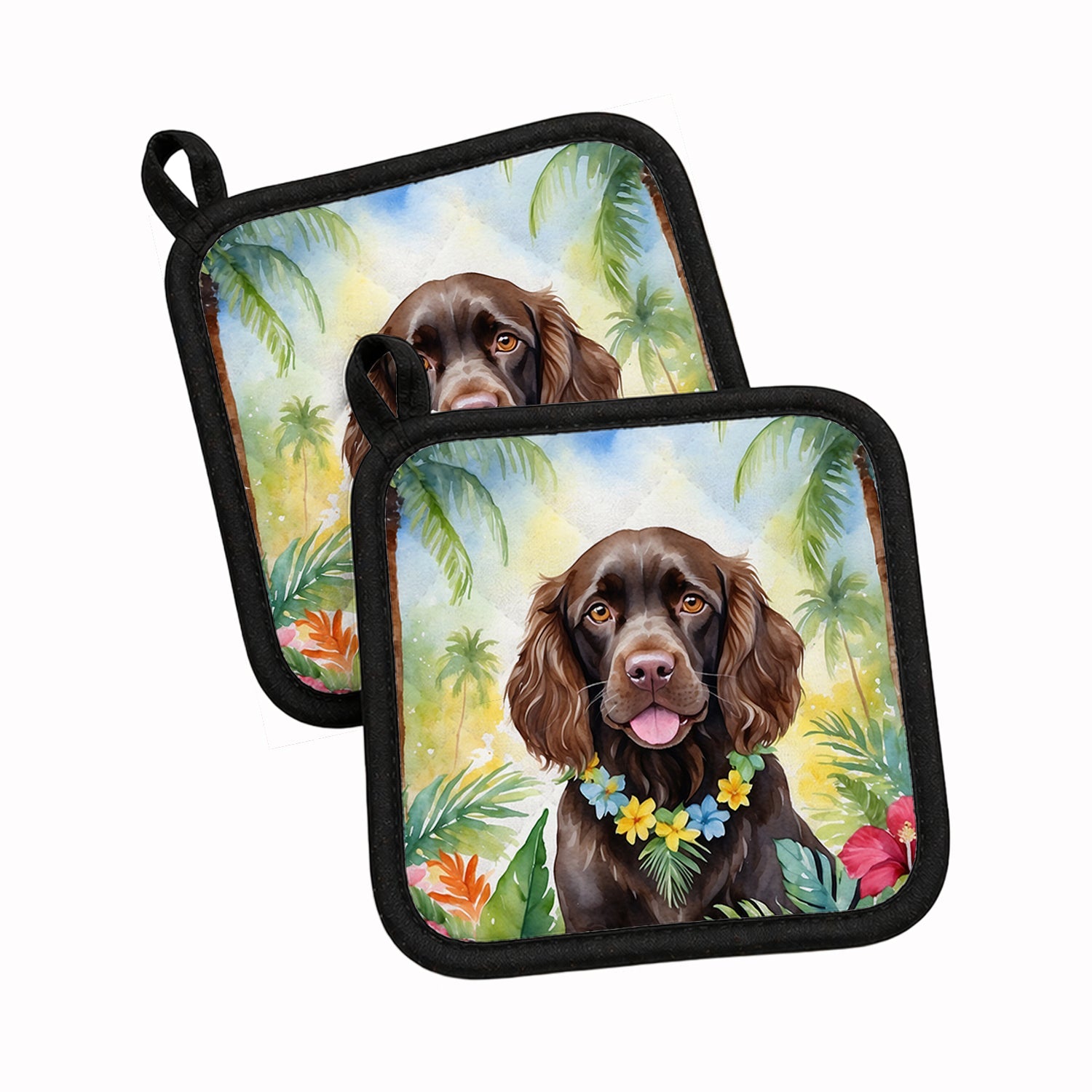 Boykin Spaniel Luau Pot Holder Set of 2 Heat Resistant Quilted Hot Pads 7.5 x 7.5 Inch, Insulated Kitchen Trivets for Cooking & Baking
