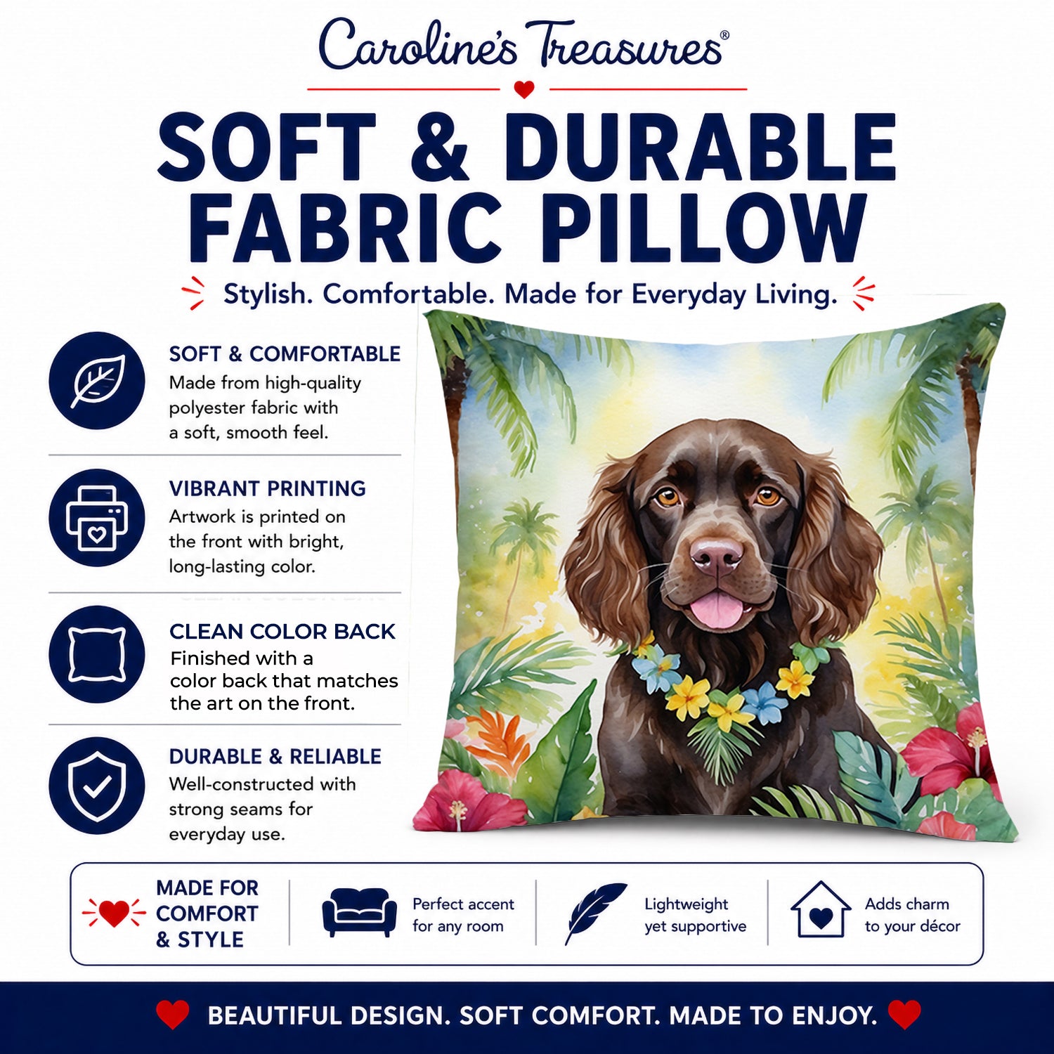 Boykin Spaniel Luau Decorative Throw Pillow 14x14 Indoor Outdoor Accent Cushion, Fabric Cover with Insert for Sofa, Bed, Porch & Living Room