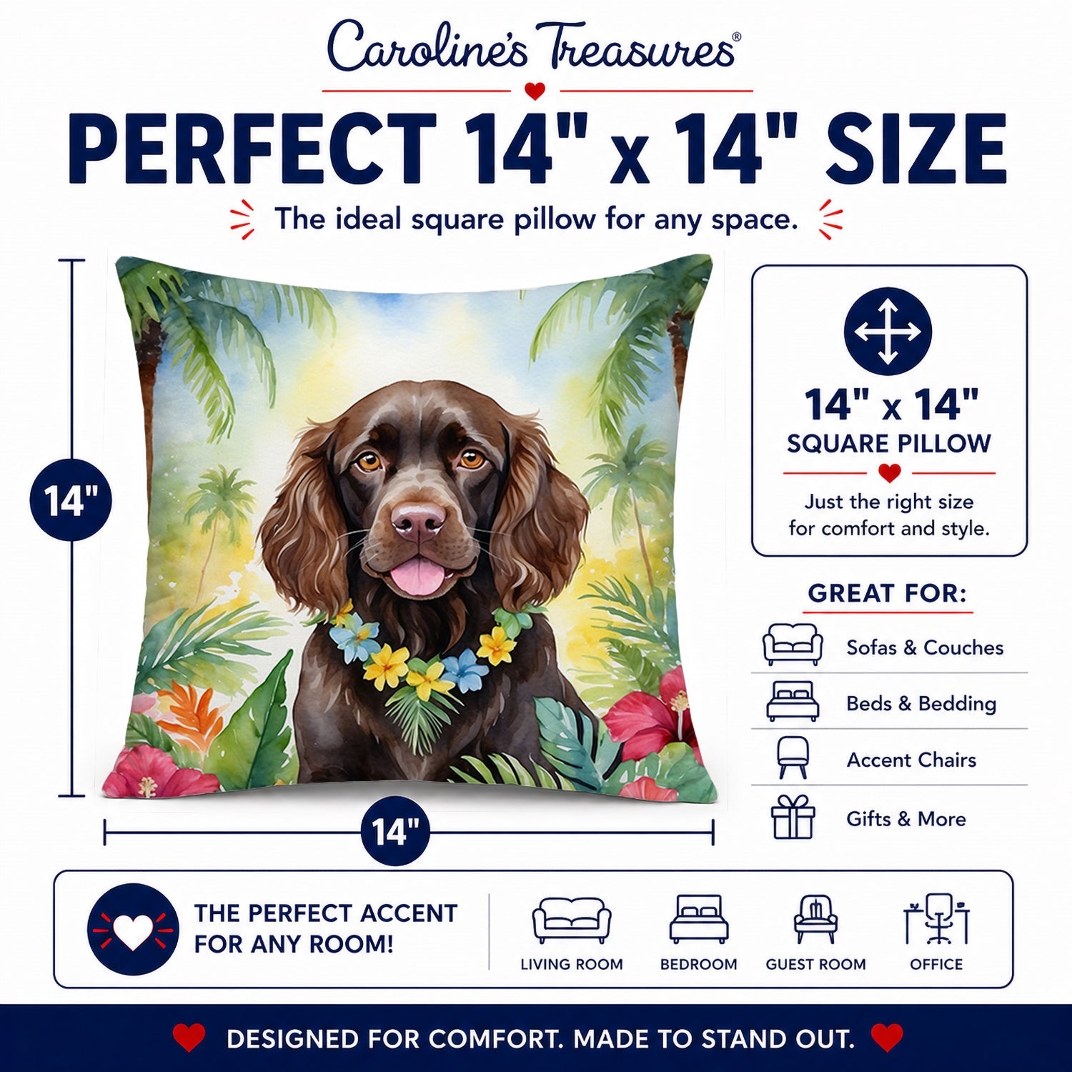 Boykin Spaniel Luau Decorative Throw Pillow 14x14 Indoor Outdoor Accent Cushion, Fabric Cover with Insert for Sofa, Bed, Porch & Living Room