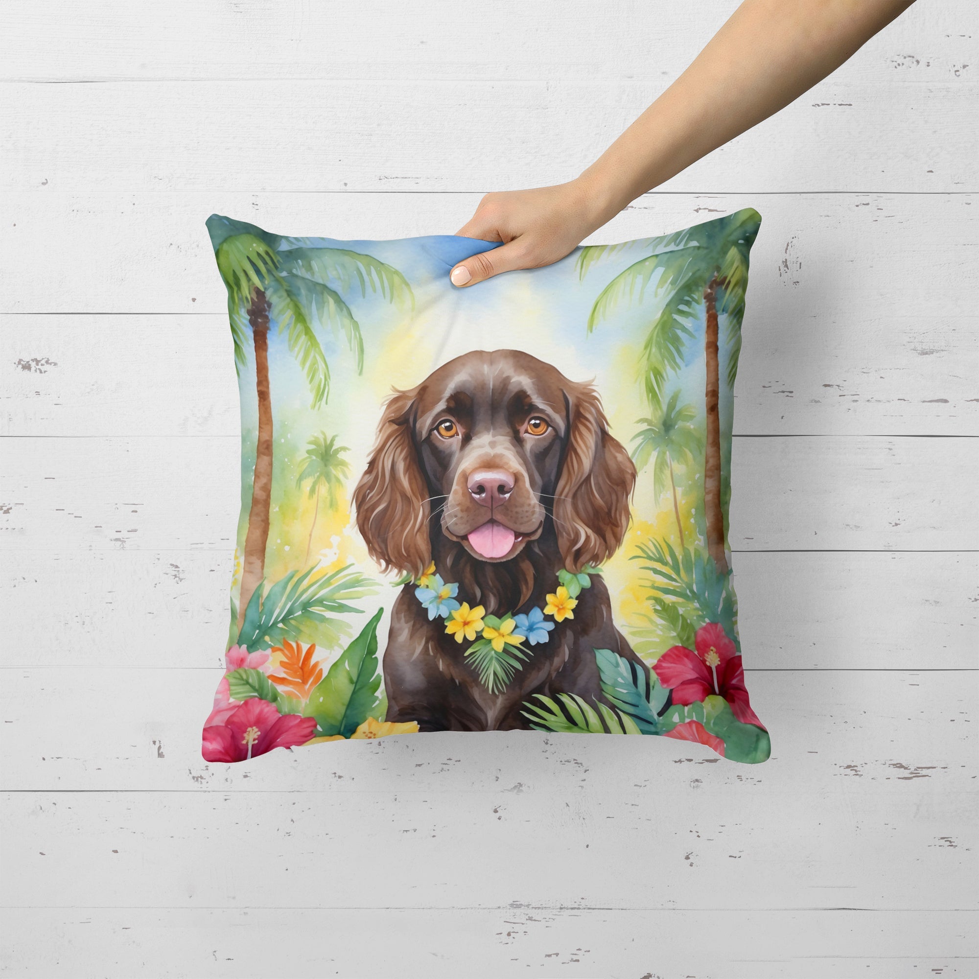 Boykin Spaniel Luau Decorative Throw Pillow 18x18 Indoor Outdoor Accent Cushion, Fabric Cover with Insert for Sofa, Bed, Porch & Living Room
