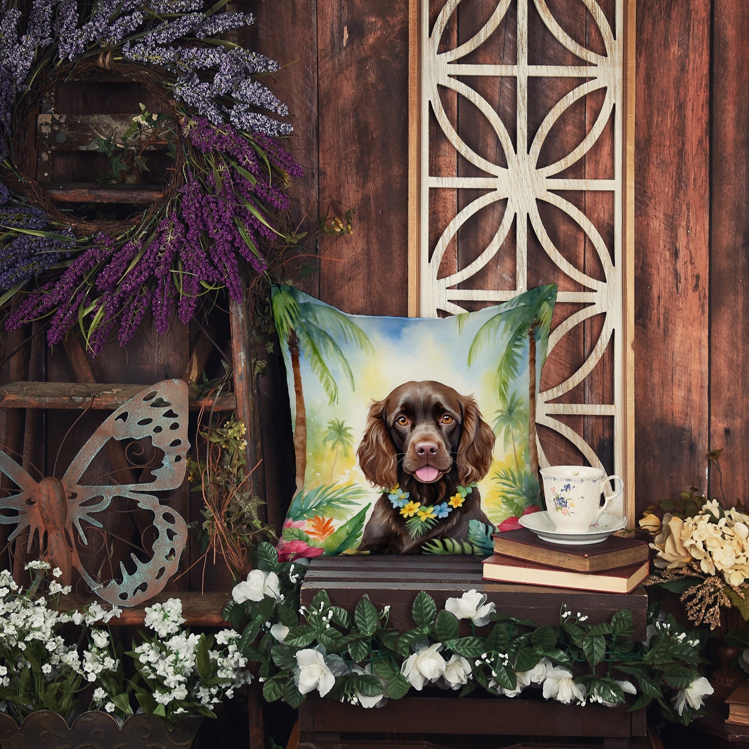 Boykin Spaniel Luau Decorative Throw Pillow 18x18 Indoor Outdoor Accent Cushion, Fabric Cover with Insert for Sofa, Bed, Porch & Living Room