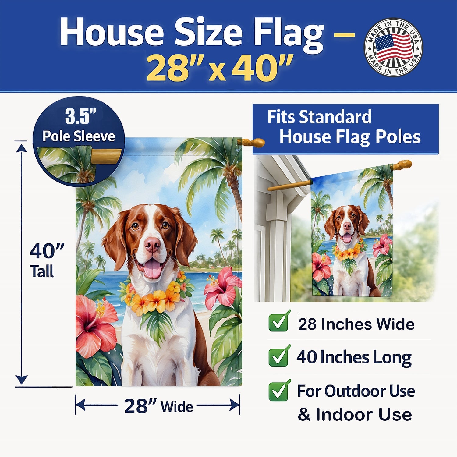 Brittany Spaniel Luau House Flag 28x40 Porch Sleeve Pole Decorative Outside Yard Banner Artwork Wall Hanging, Polyester