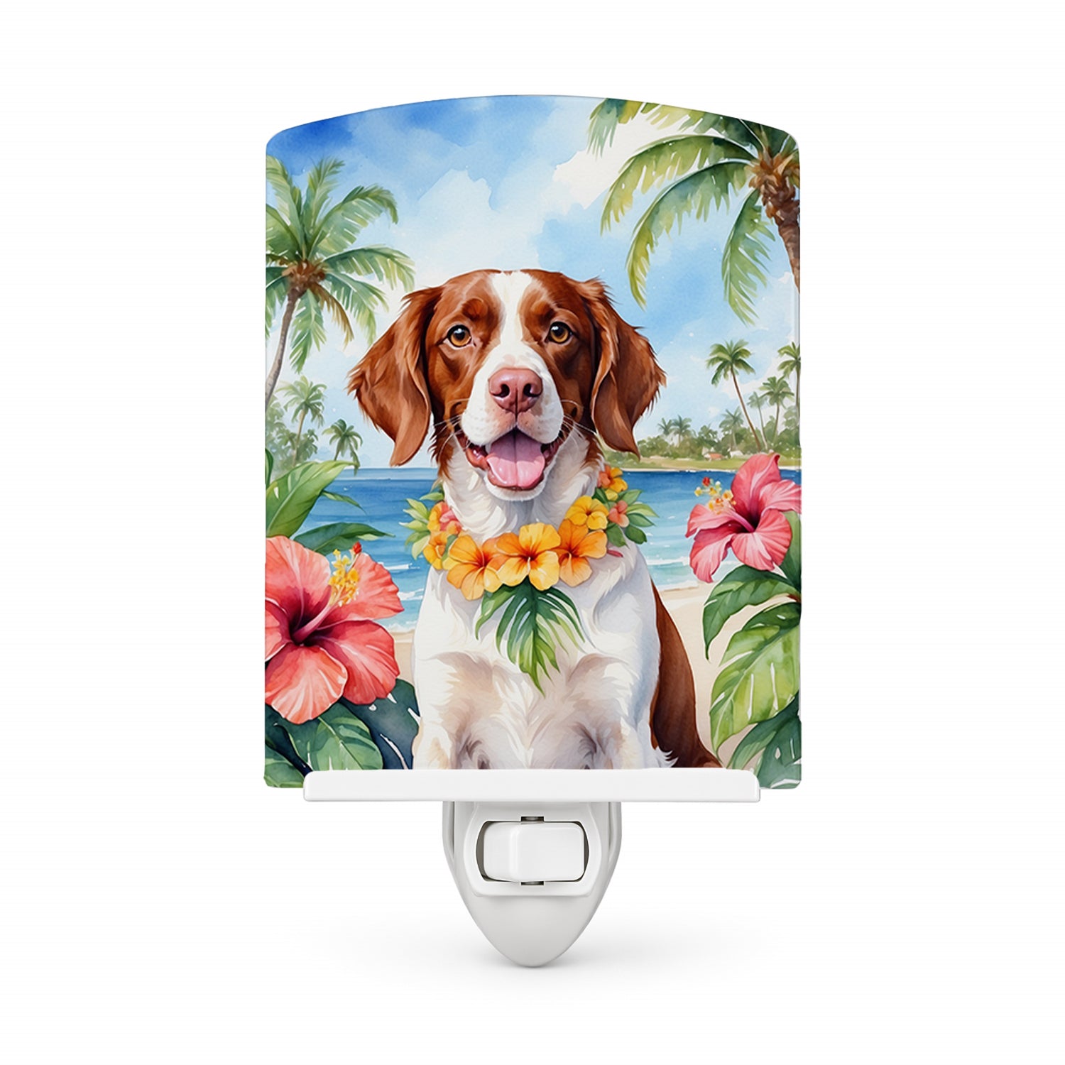 Brittany Spaniel Luau Ceramic Night Light Compact, UL-Certified, Ideal for Bedroom, Bathroom, Nursery, Hallway, Kitchen, 6x4x3, Multicolor
