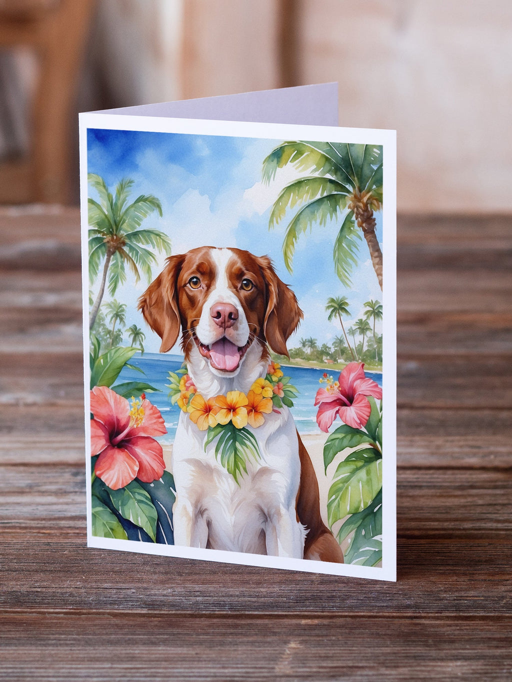 Brittany Spaniel Luau Greeting Cards Pack of 8 Blank Cards with Envelopes Whimsical A7 Size 5x7