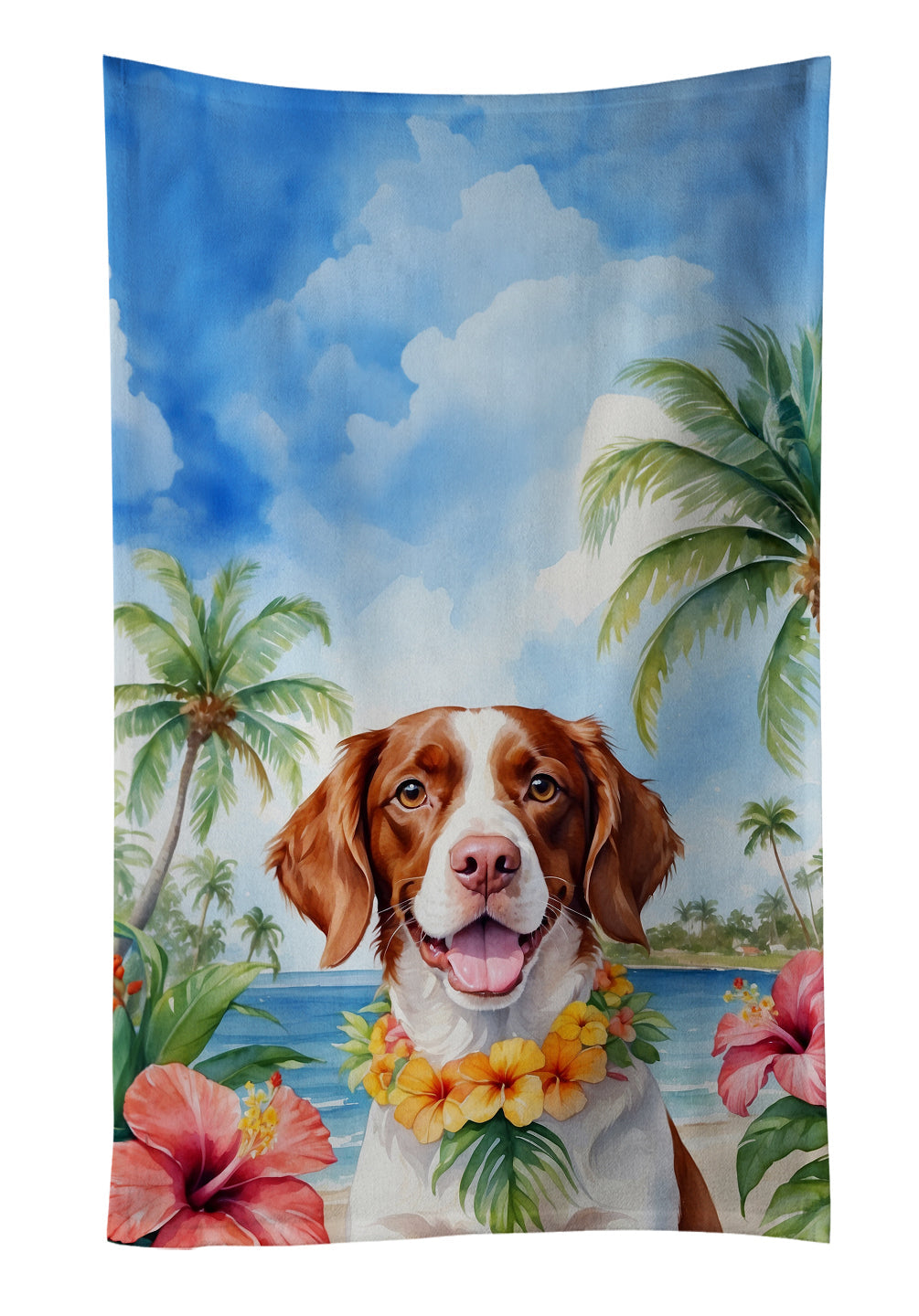 Brittany Spaniel Luau Kitchen Towel Velour Plush Front and Cotton Loop Back Machine Washable