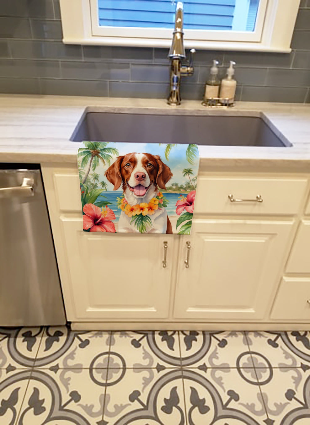 Brittany Spaniel Luau Kitchen Towel Velour Plush Front and Cotton Loop Back Machine Washable