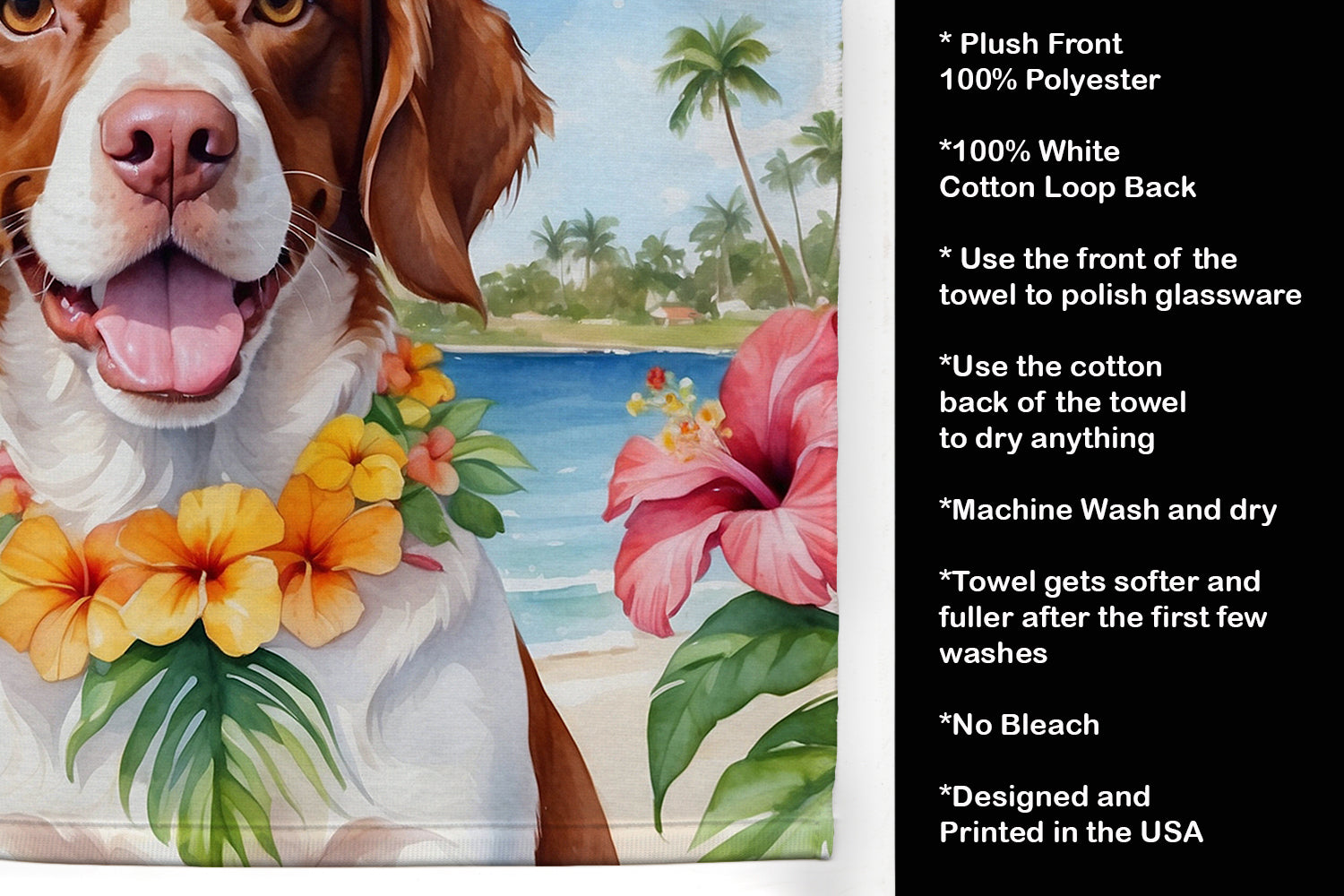 Brittany Spaniel Luau Kitchen Towel Velour Plush Front and Cotton Loop Back Machine Washable