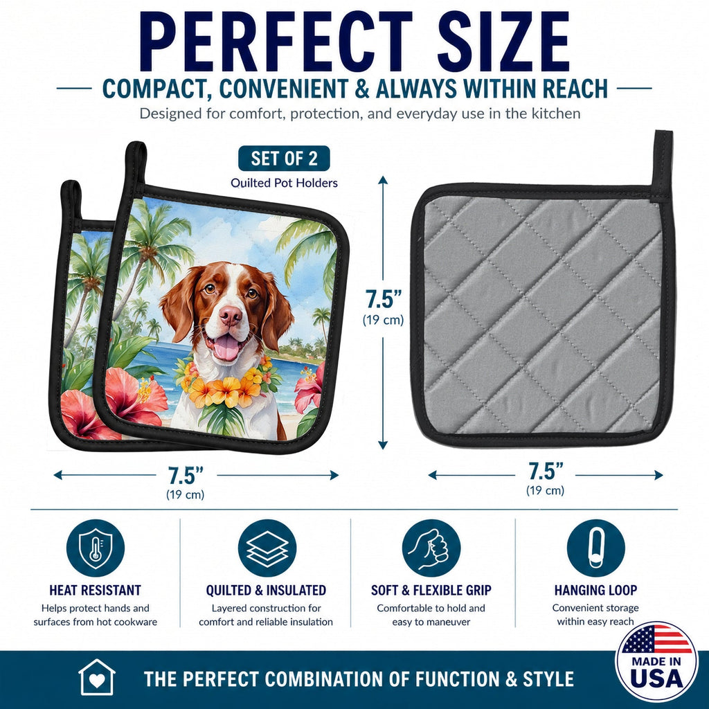 Brittany Spaniel Luau Pot Holder Set of 2 Heat Resistant Quilted Hot Pads 7.5 x 7.5 Inch, Insulated Kitchen Trivets for Cooking & Baking