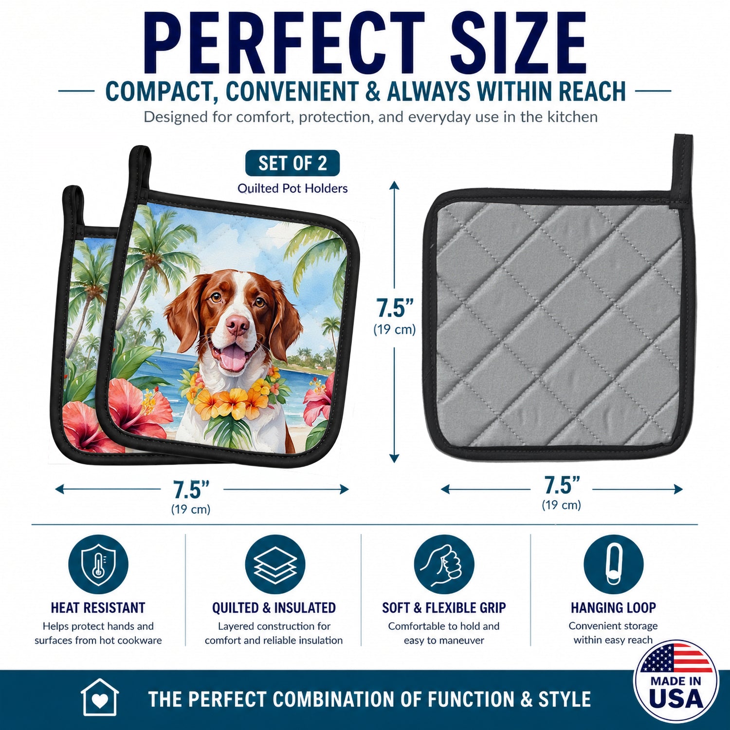 Brittany Spaniel Luau Pot Holder Set of 2 Heat Resistant Quilted Hot Pads 7.5 x 7.5 Inch, Insulated Kitchen Trivets for Cooking & Baking