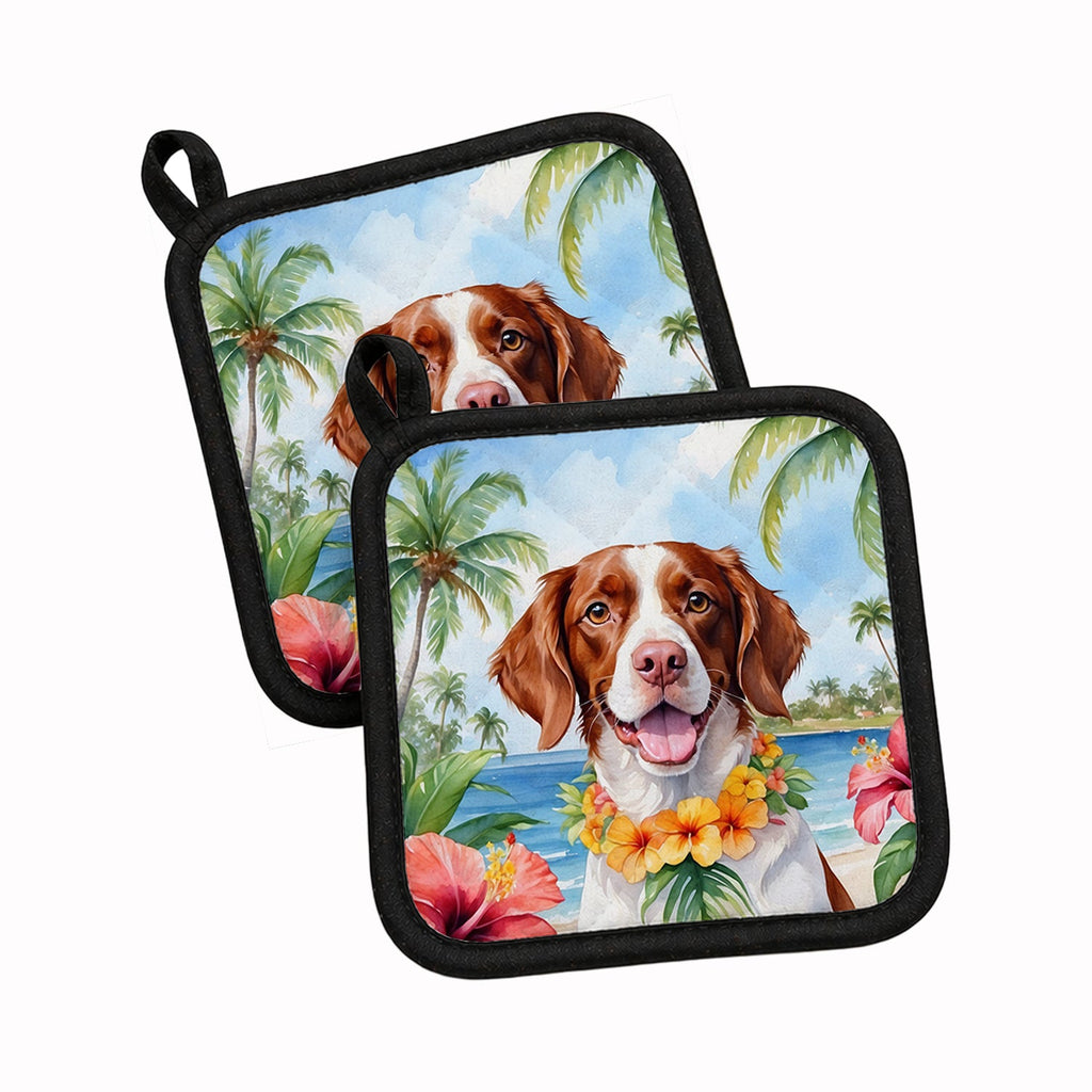 Brittany Spaniel Luau Pot Holder Set of 2 Heat Resistant Quilted Hot Pads 7.5 x 7.5 Inch, Insulated Kitchen Trivets for Cooking & Baking
