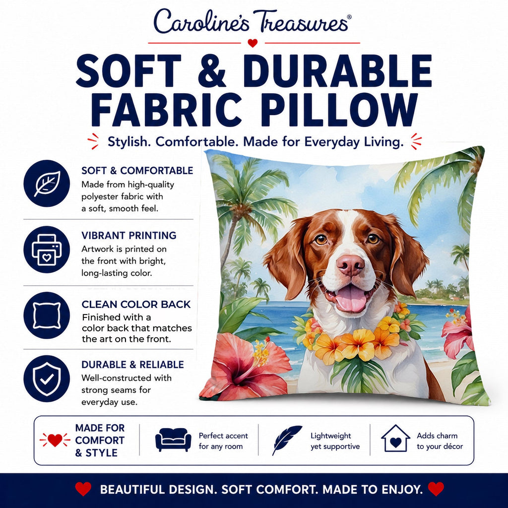 Brittany Spaniel Luau Decorative Throw Pillow 14x14 Indoor Outdoor Accent Cushion, Fabric Cover with Insert for Sofa, Bed, Porch & Living Room