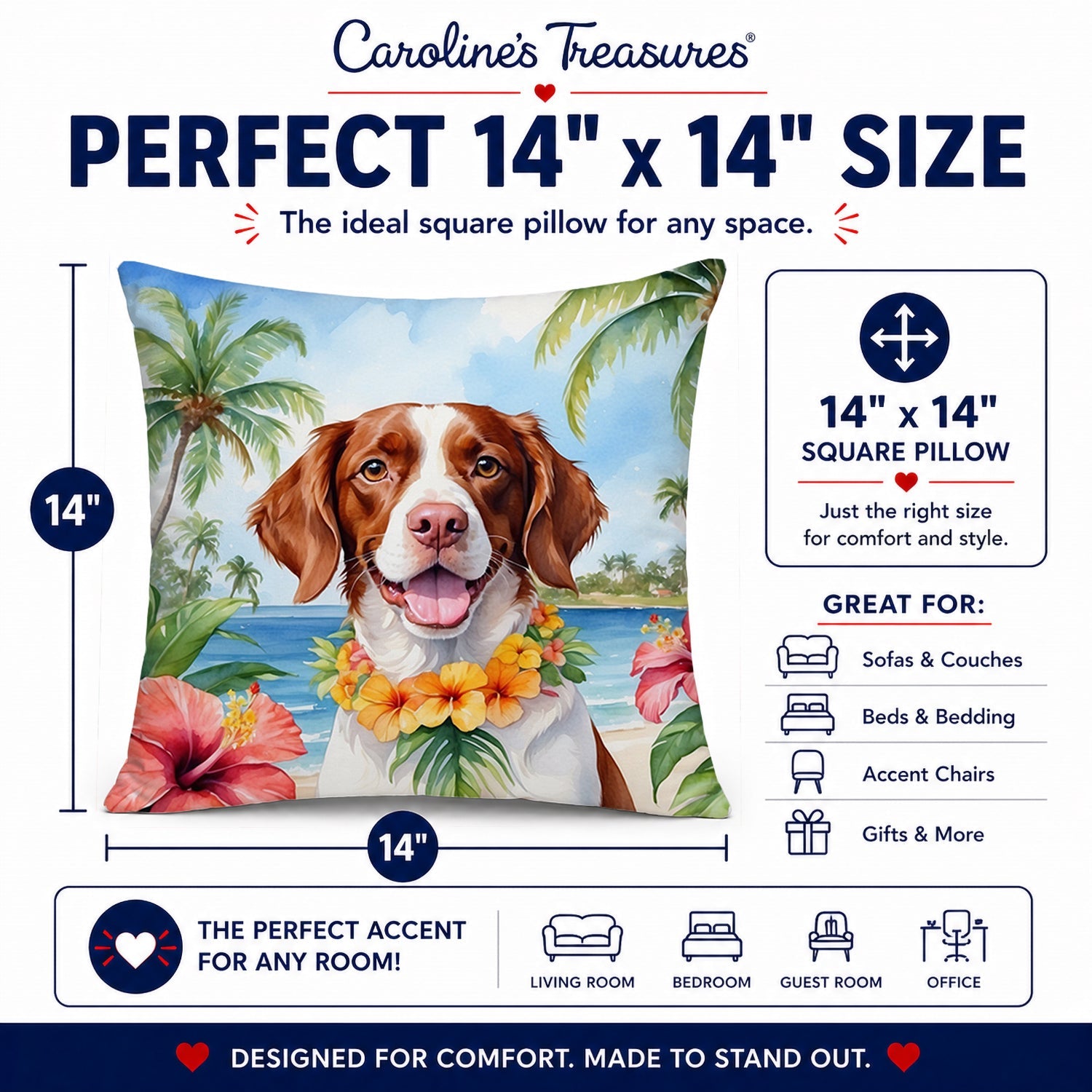 Brittany Spaniel Luau Decorative Throw Pillow 14x14 Indoor Outdoor Accent Cushion, Fabric Cover with Insert for Sofa, Bed, Porch & Living Room