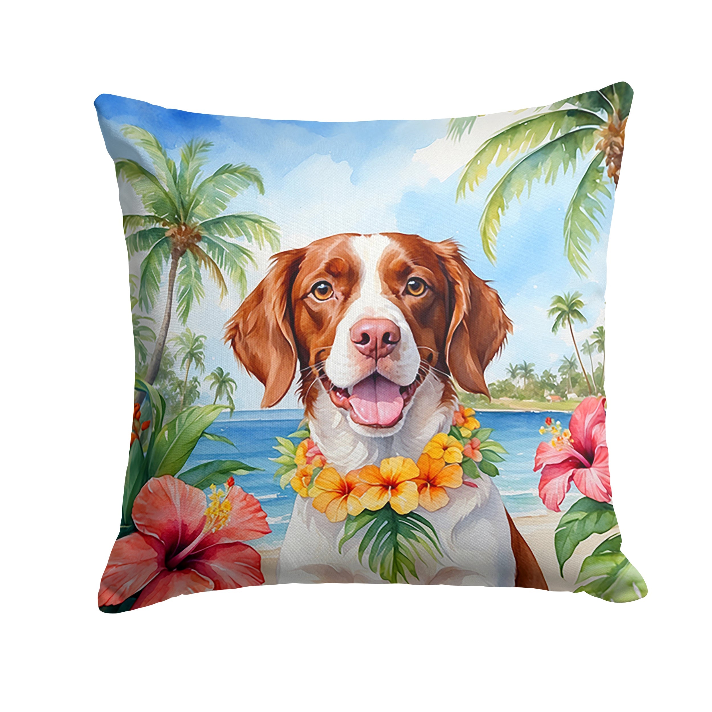 Brittany Spaniel Luau Decorative Throw Pillow 18x18 Indoor Outdoor Accent Cushion, Fabric Cover with Insert for Sofa, Bed, Porch & Living Room