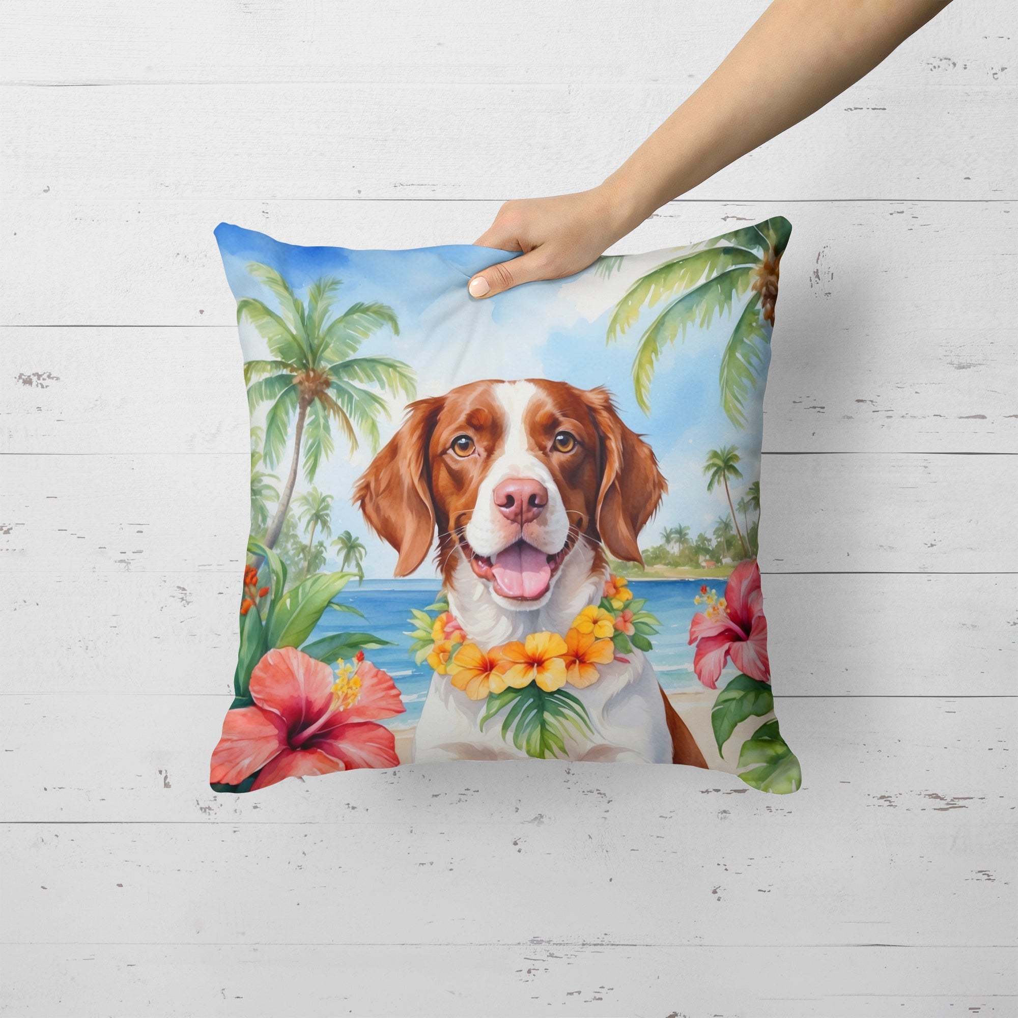 Brittany Spaniel Luau Decorative Throw Pillow 18x18 Indoor Outdoor Accent Cushion, Fabric Cover with Insert for Sofa, Bed, Porch & Living Room