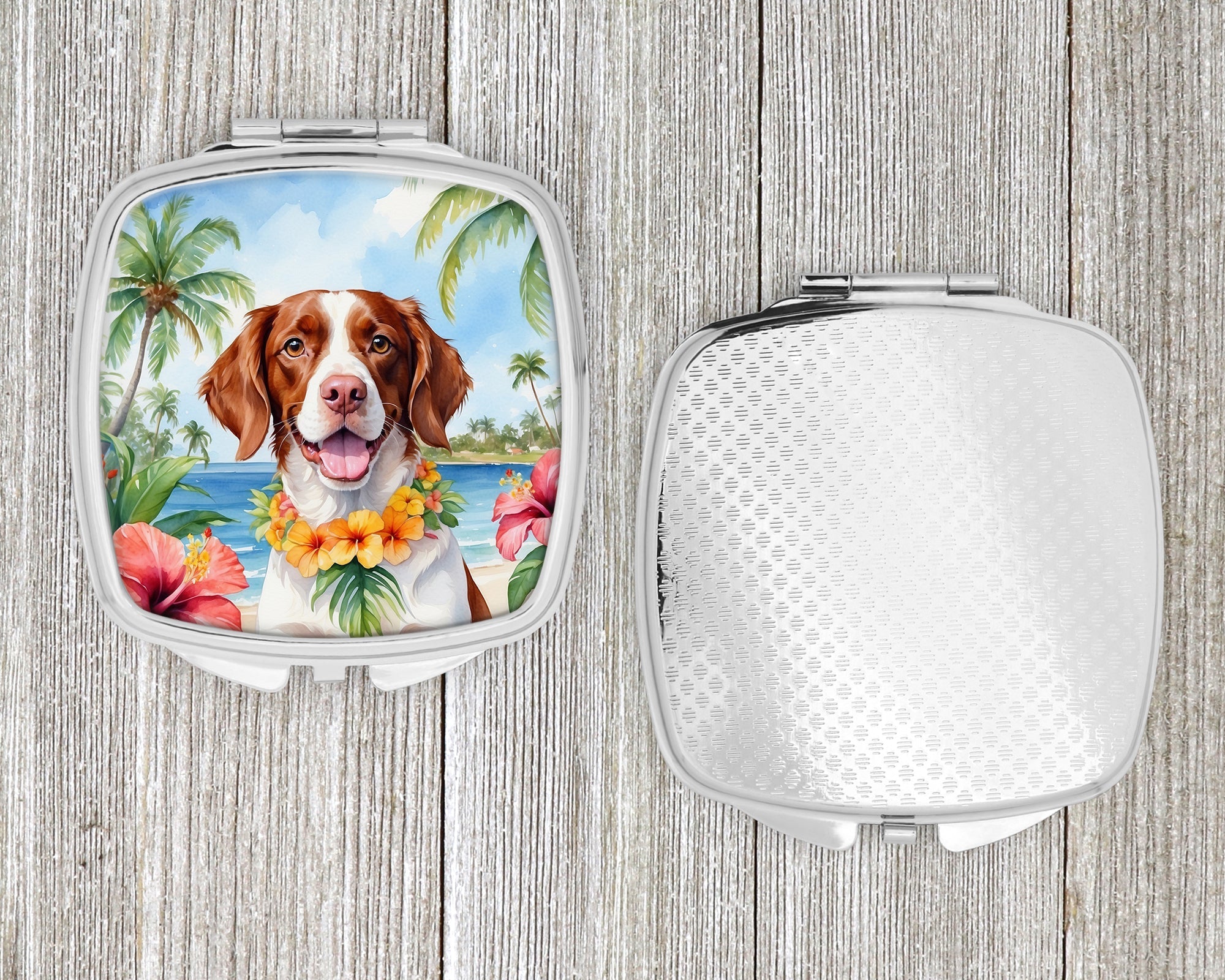 Brittany Spaniel Luau Compact Mirror Decorative Travel Makeup Mirror for Women Girls Gifts Pocket Makeup Mirror Folding Handheld