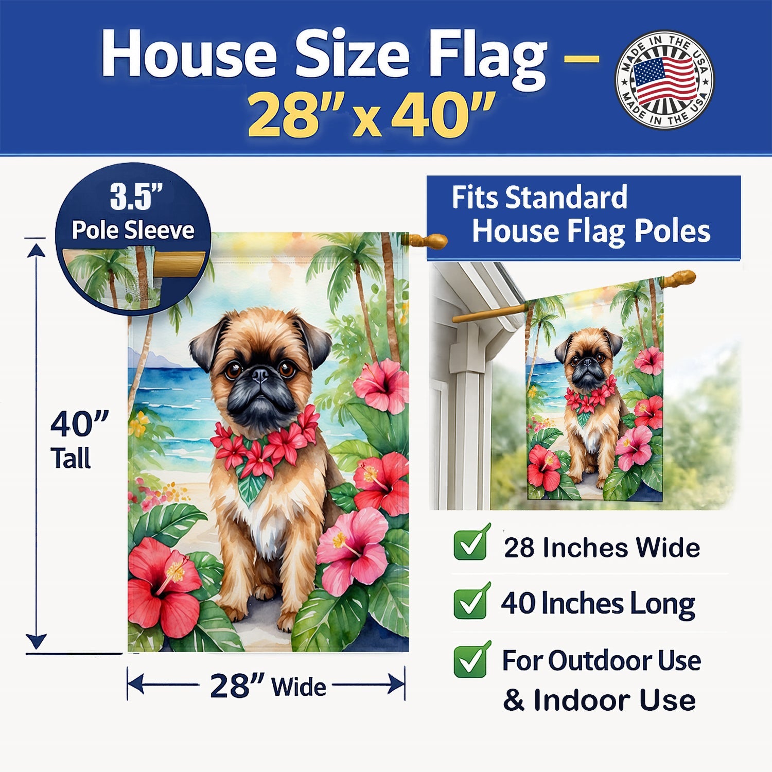 Brussels Griffon Luau House Flag 28x40 Porch Sleeve Pole Decorative Outside Yard Banner Artwork Wall Hanging, Polyester