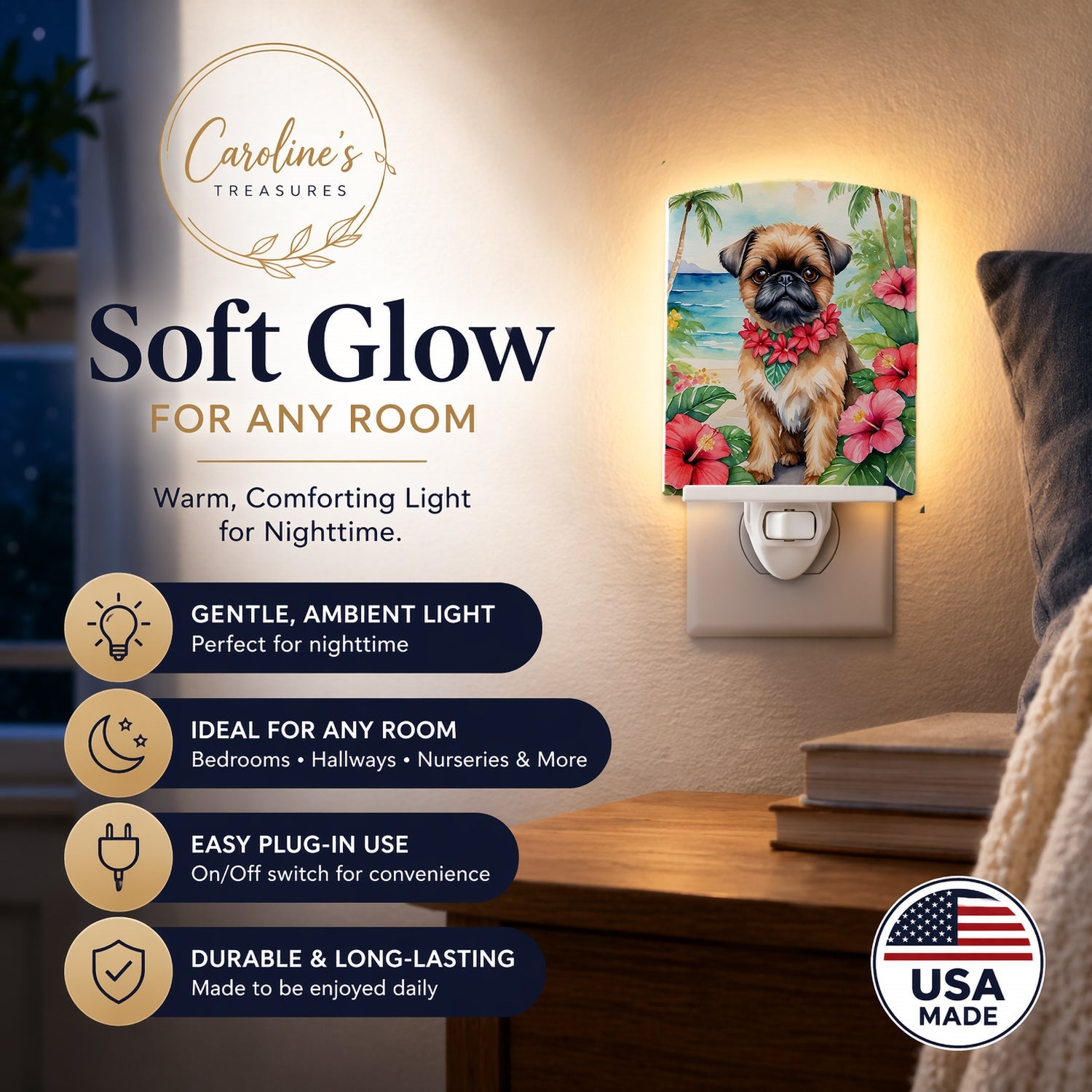 Brussels Griffon Luau Ceramic Night Light Compact, UL-Certified, Ideal for Bedroom, Bathroom, Nursery, Hallway, Kitchen, 6x4x3, Multicolor