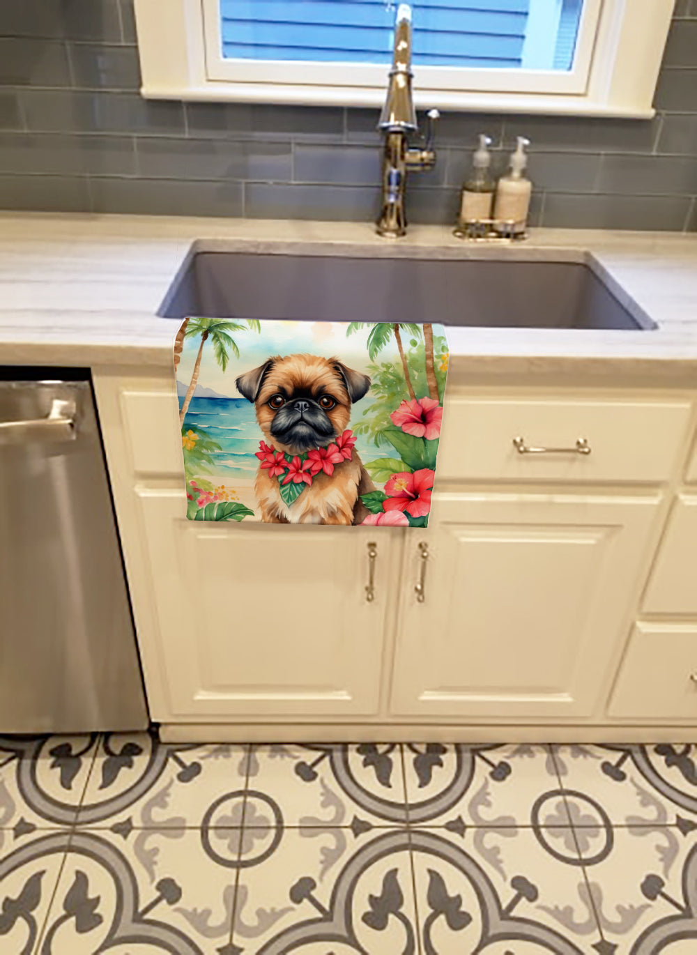 Brussels Griffon Luau Kitchen Towel Velour Plush Front and Cotton Loop Back Machine Washable