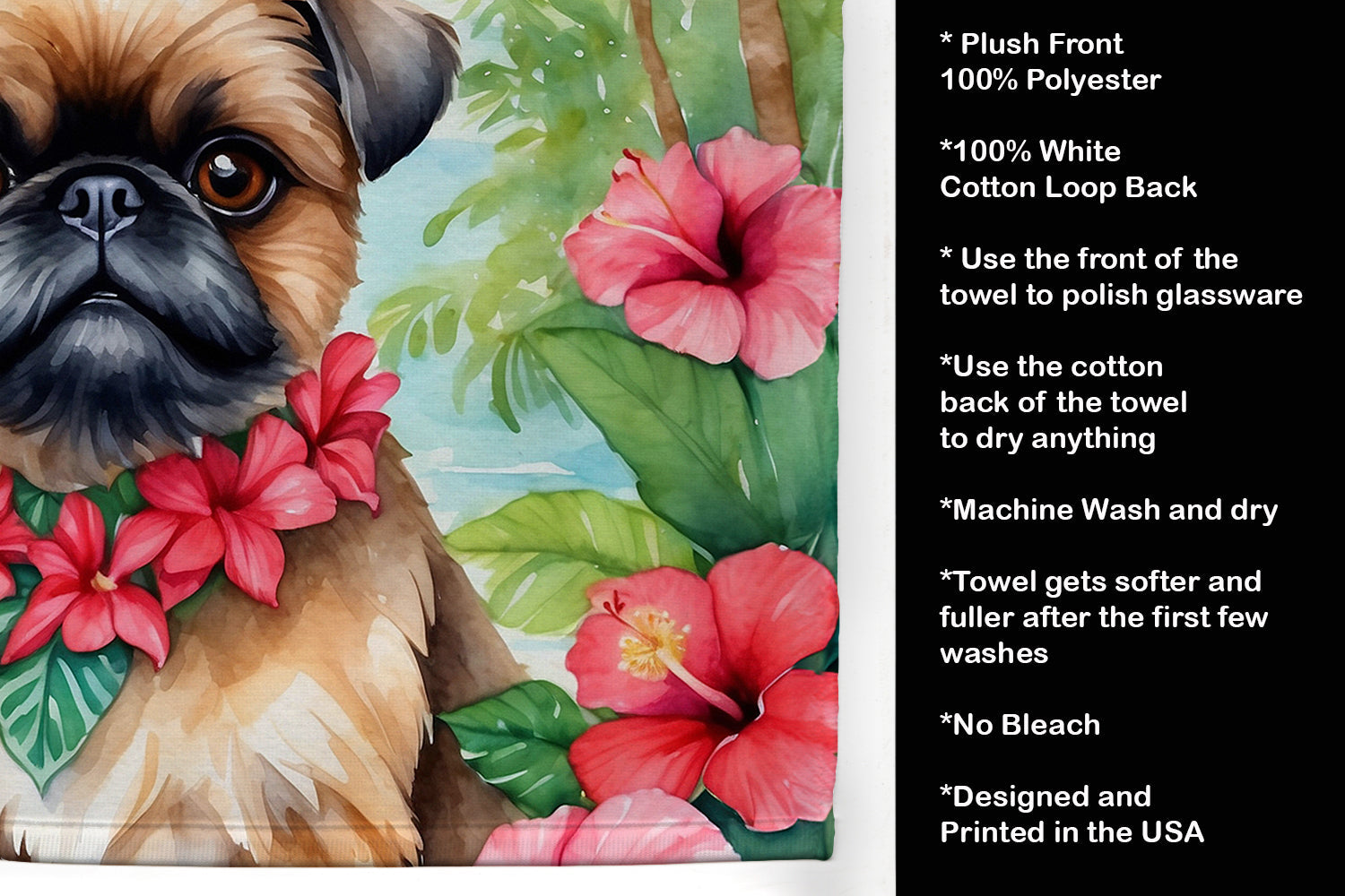 Brussels Griffon Luau Kitchen Towel Velour Plush Front and Cotton Loop Back Machine Washable