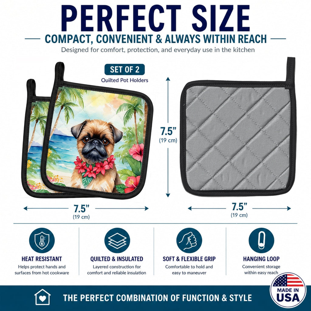Brussels Griffon Luau Pot Holder Set of 2 Heat Resistant Quilted Hot Pads 7.5 x 7.5 Inch, Insulated Kitchen Trivets for Cooking & Baking