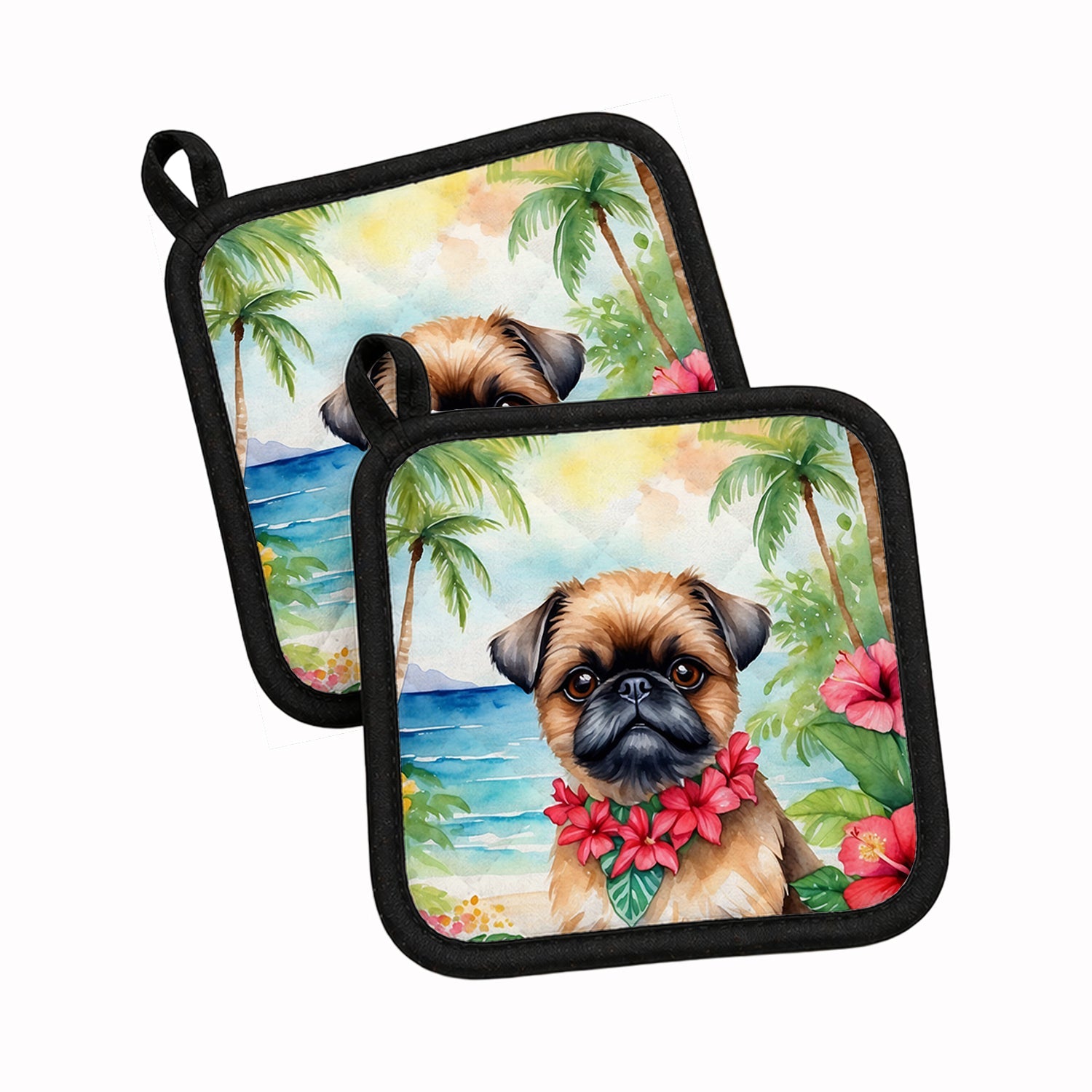 Brussels Griffon Luau Pot Holder Set of 2 Heat Resistant Quilted Hot Pads 7.5 x 7.5 Inch, Insulated Kitchen Trivets for Cooking & Baking