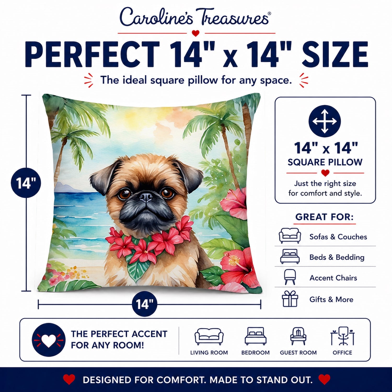 Brussels Griffon Luau Decorative Throw Pillow 14x14 Indoor Outdoor Accent Cushion, Fabric Cover with Insert for Sofa, Bed, Porch & Living Room