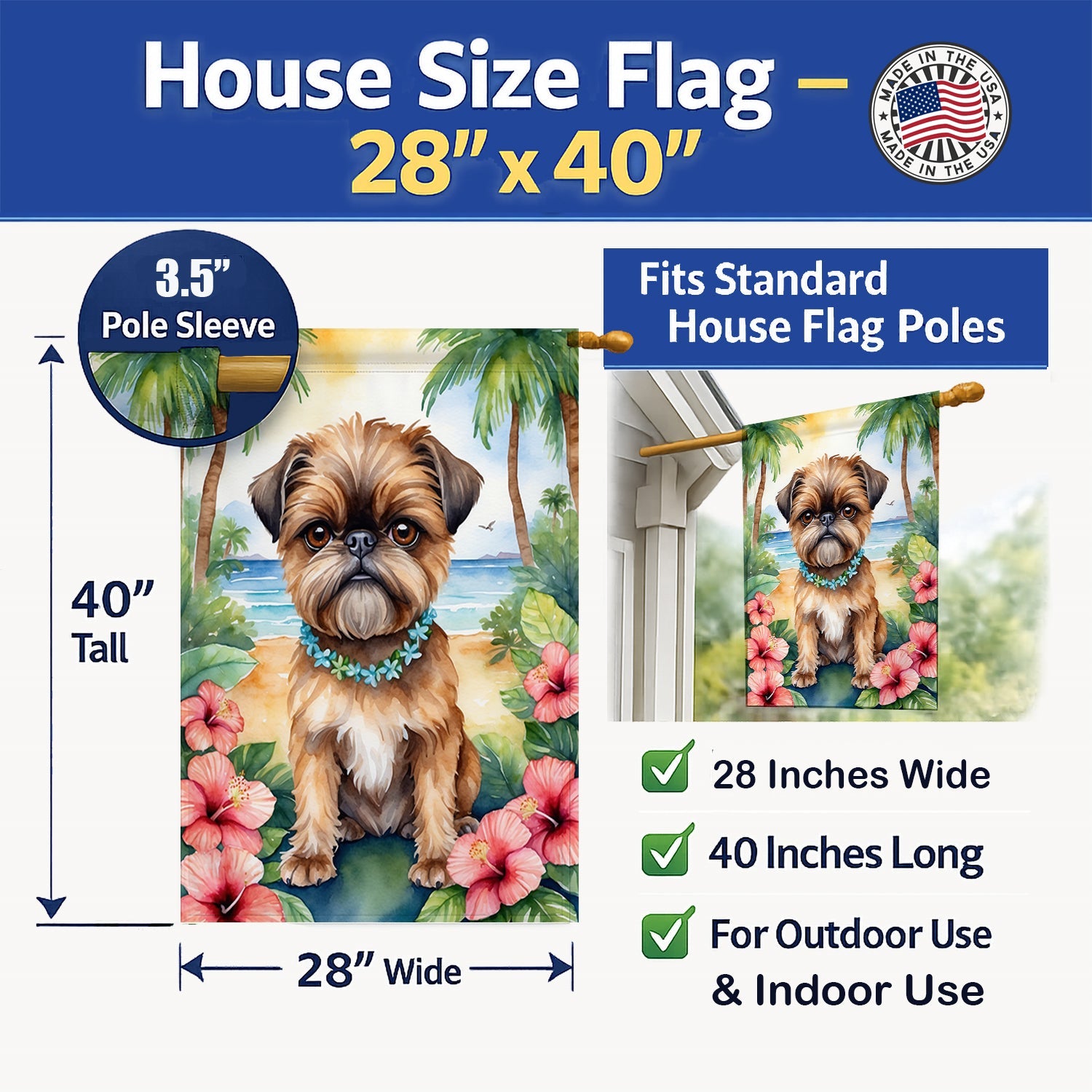 Brussels Griffon Luau House Flag 28x40 Porch Sleeve Pole Decorative Outside Yard Banner Artwork Wall Hanging, Polyester