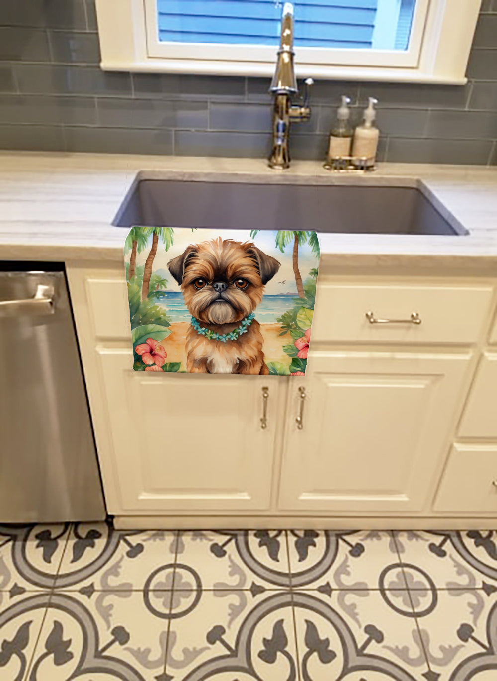 Brussels Griffon Luau Kitchen Towel Velour Plush Front and Cotton Loop Back Machine Washable