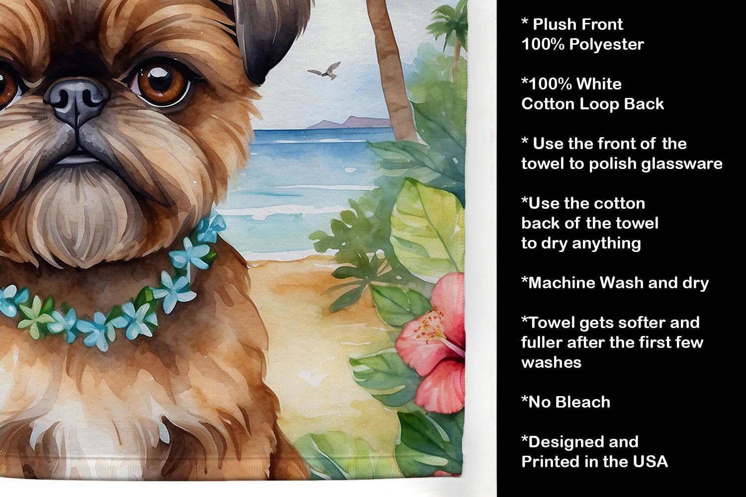 Brussels Griffon Luau Kitchen Towel Velour Plush Front and Cotton Loop Back Machine Washable
