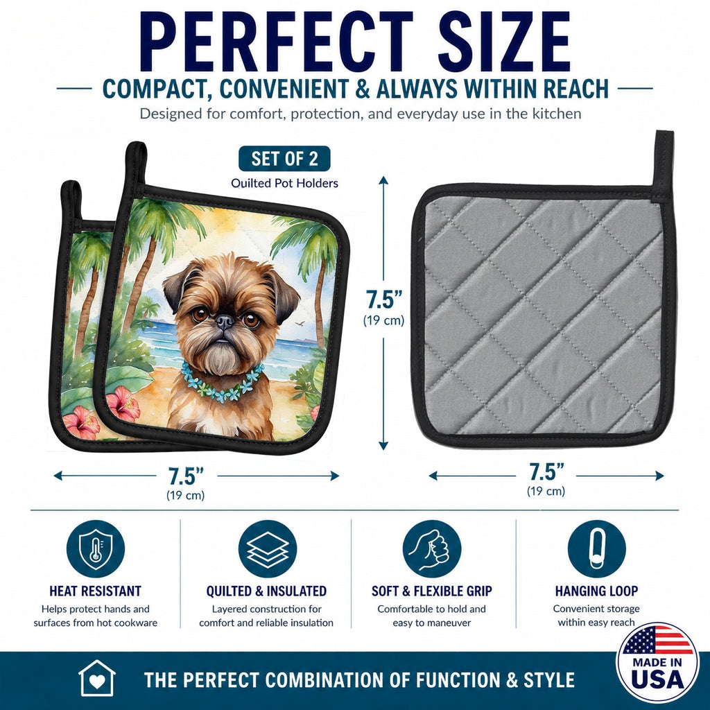 Brussels Griffon Luau Pot Holder Set of 2 Heat Resistant Quilted Hot Pads 7.5 x 7.5 Inch, Insulated Kitchen Trivets for Cooking & Baking