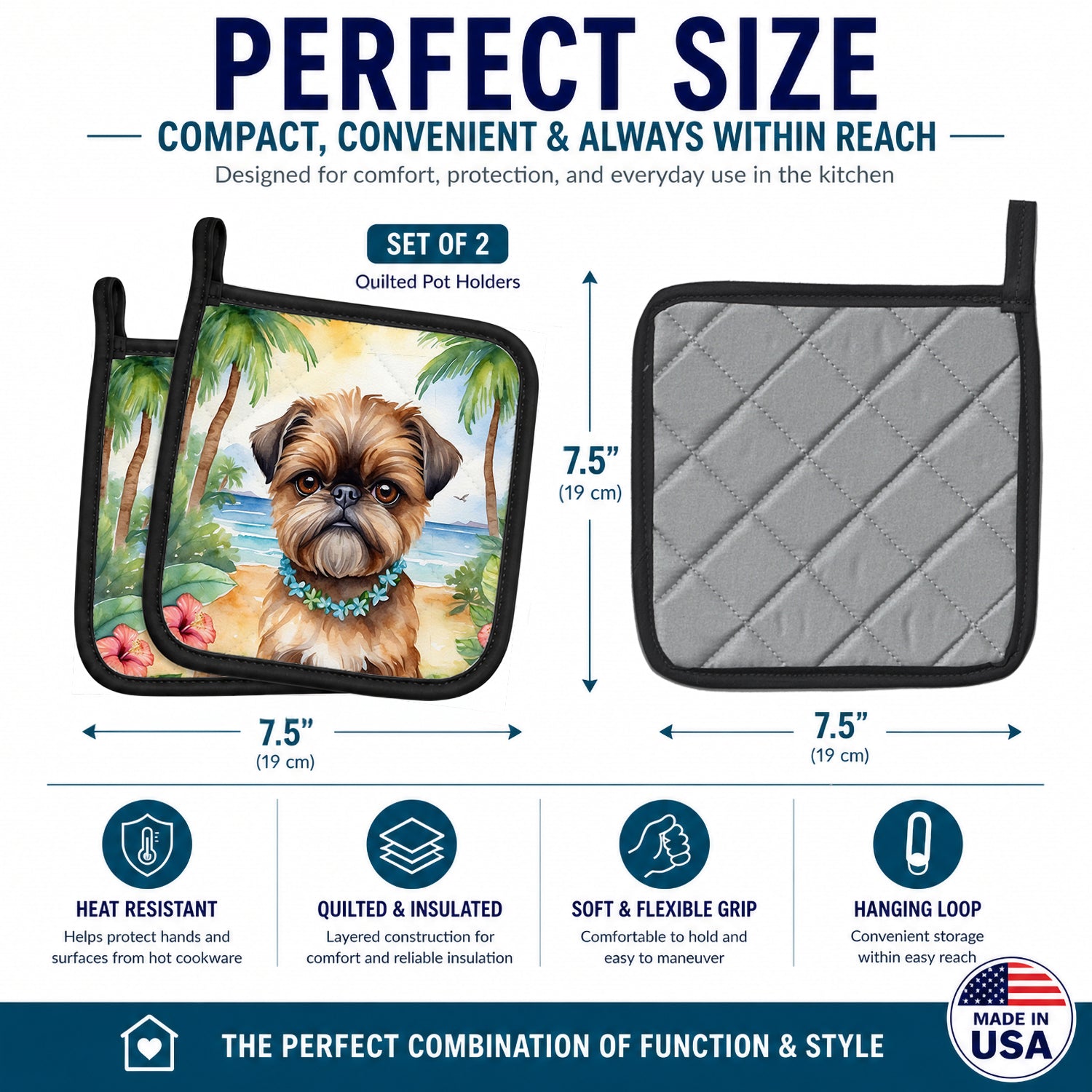 Brussels Griffon Luau Pot Holder Set of 2 Heat Resistant Quilted Hot Pads 7.5 x 7.5 Inch, Insulated Kitchen Trivets for Cooking & Baking