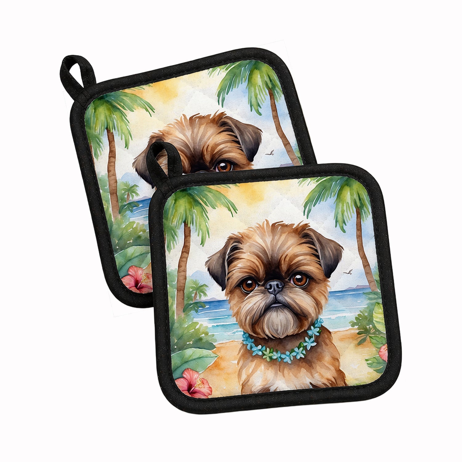Brussels Griffon Luau Pot Holder Set of 2 Heat Resistant Quilted Hot Pads 7.5 x 7.5 Inch, Insulated Kitchen Trivets for Cooking & Baking