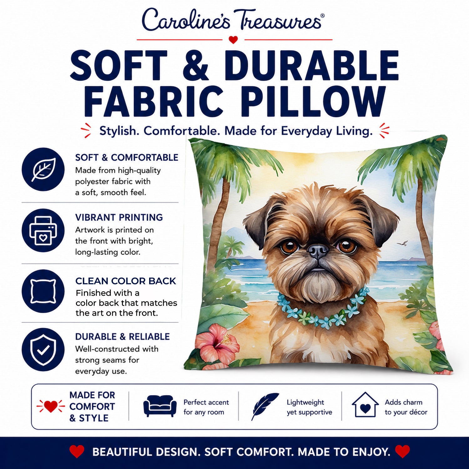 Brussels Griffon Luau Decorative Throw Pillow 14x14 Indoor Outdoor Accent Cushion, Fabric Cover with Insert for Sofa, Bed, Porch & Living Room