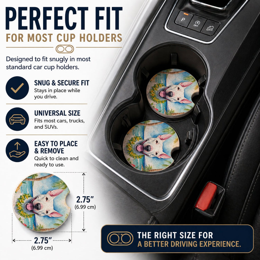 Bull Terrier Luau Set of 2 Cup Holder Car Coasters Absorbent Round Sandstone Coasters Gifts for Men or Women, 2.5, Multicolor