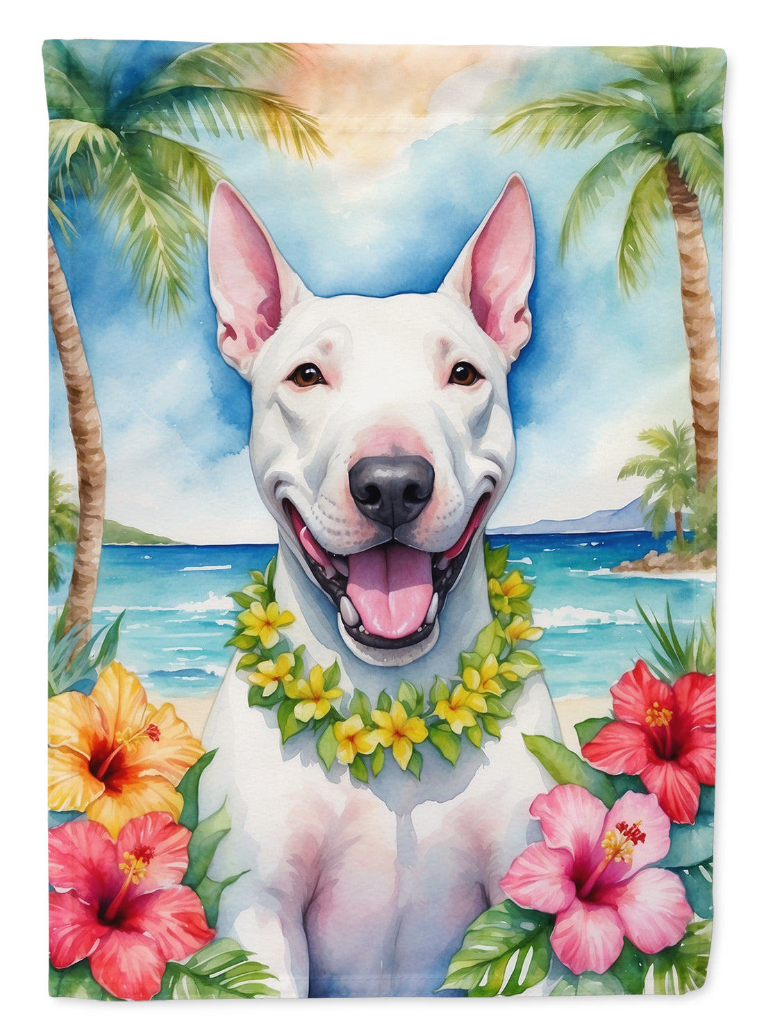 Bull Terrier Luau House Flag 28x40 Porch Sleeve Pole Decorative Outside Yard Banner Artwork Wall Hanging, Polyester