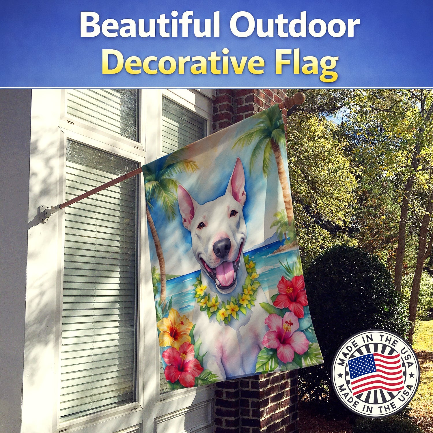 Bull Terrier Luau House Flag 28x40 Porch Sleeve Pole Decorative Outside Yard Banner Artwork Wall Hanging, Polyester