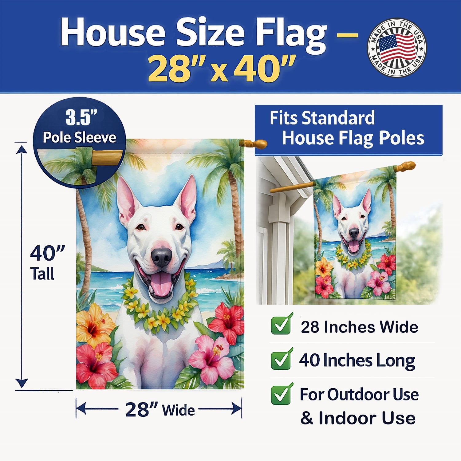 Bull Terrier Luau House Flag 28x40 Porch Sleeve Pole Decorative Outside Yard Banner Artwork Wall Hanging, Polyester