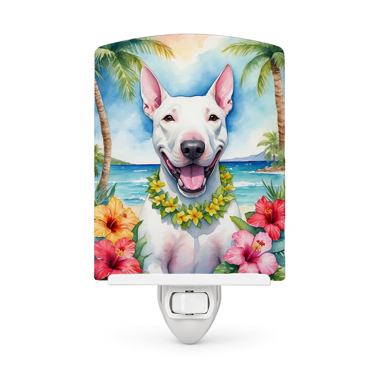 Bull Terrier Luau Ceramic Night Light Compact, UL-Certified, Ideal for Bedroom, Bathroom, Nursery, Hallway, Kitchen, 6x4x3, Multicolor