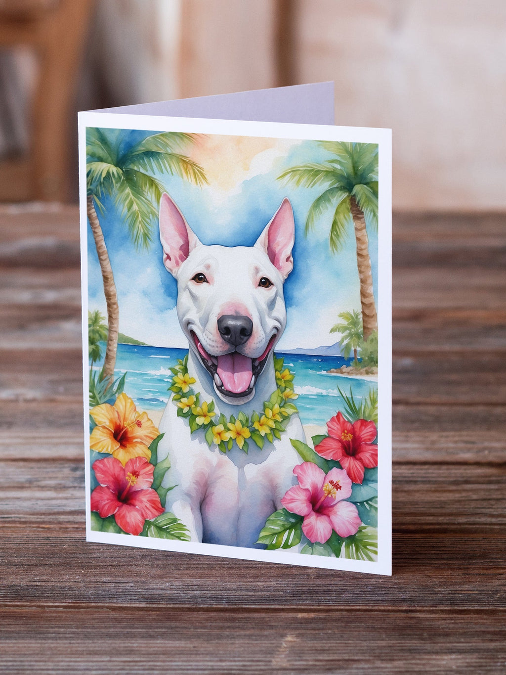 Bull Terrier Luau Greeting Cards Pack of 8 Blank Cards with Envelopes Whimsical A7 Size 5x7