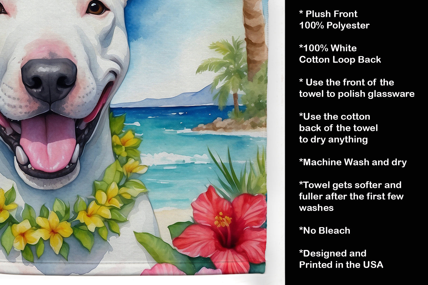 Bull Terrier Luau Kitchen Towel Velour Plush Front and Cotton Loop Back Machine Washable