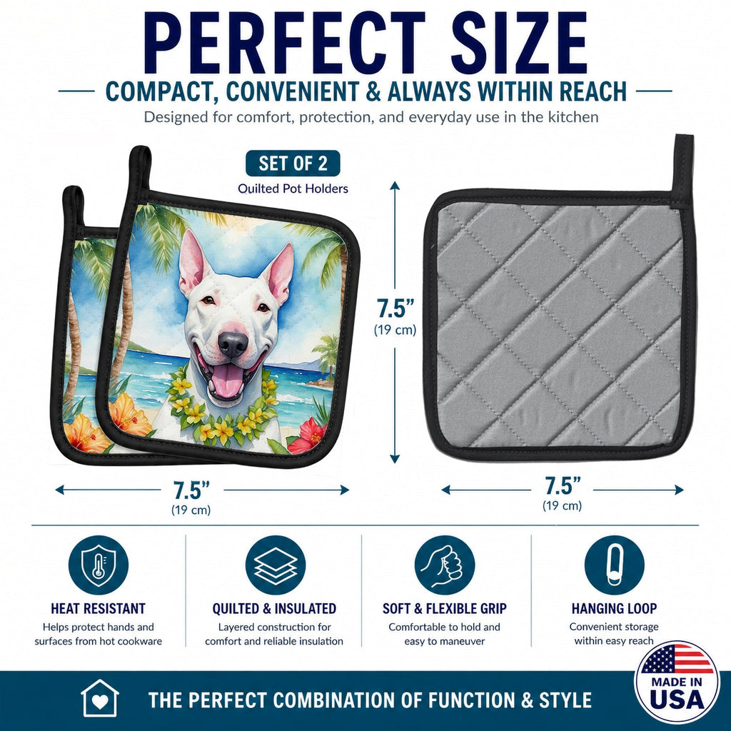 Bull Terrier Luau Pot Holder Set of 2 Heat Resistant Quilted Hot Pads 7.5 x 7.5 Inch, Insulated Kitchen Trivets for Cooking & Baking