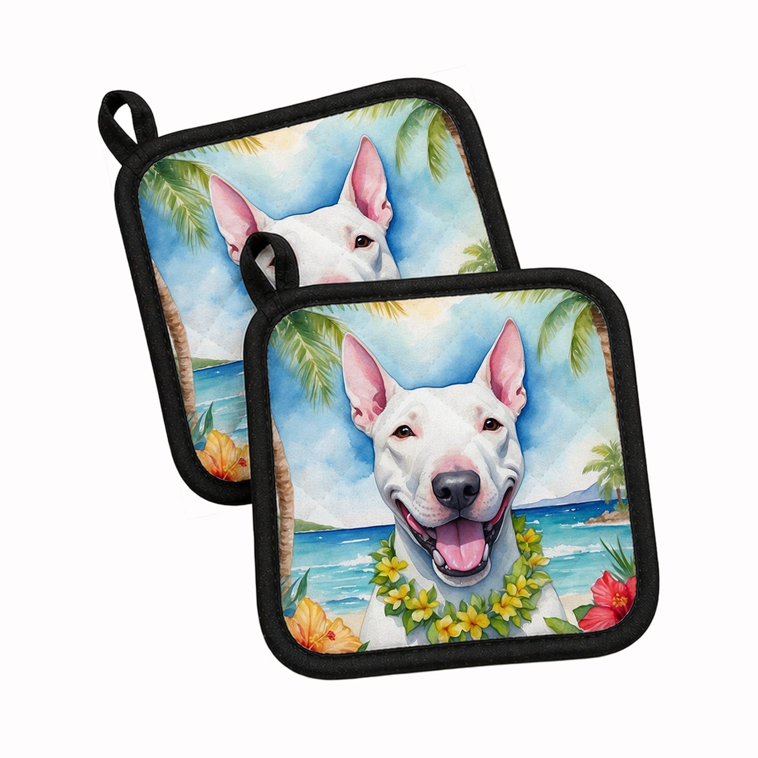 Bull Terrier Luau Pot Holder Set of 2 Heat Resistant Quilted Hot Pads 7.5 x 7.5 Inch, Insulated Kitchen Trivets for Cooking & Baking