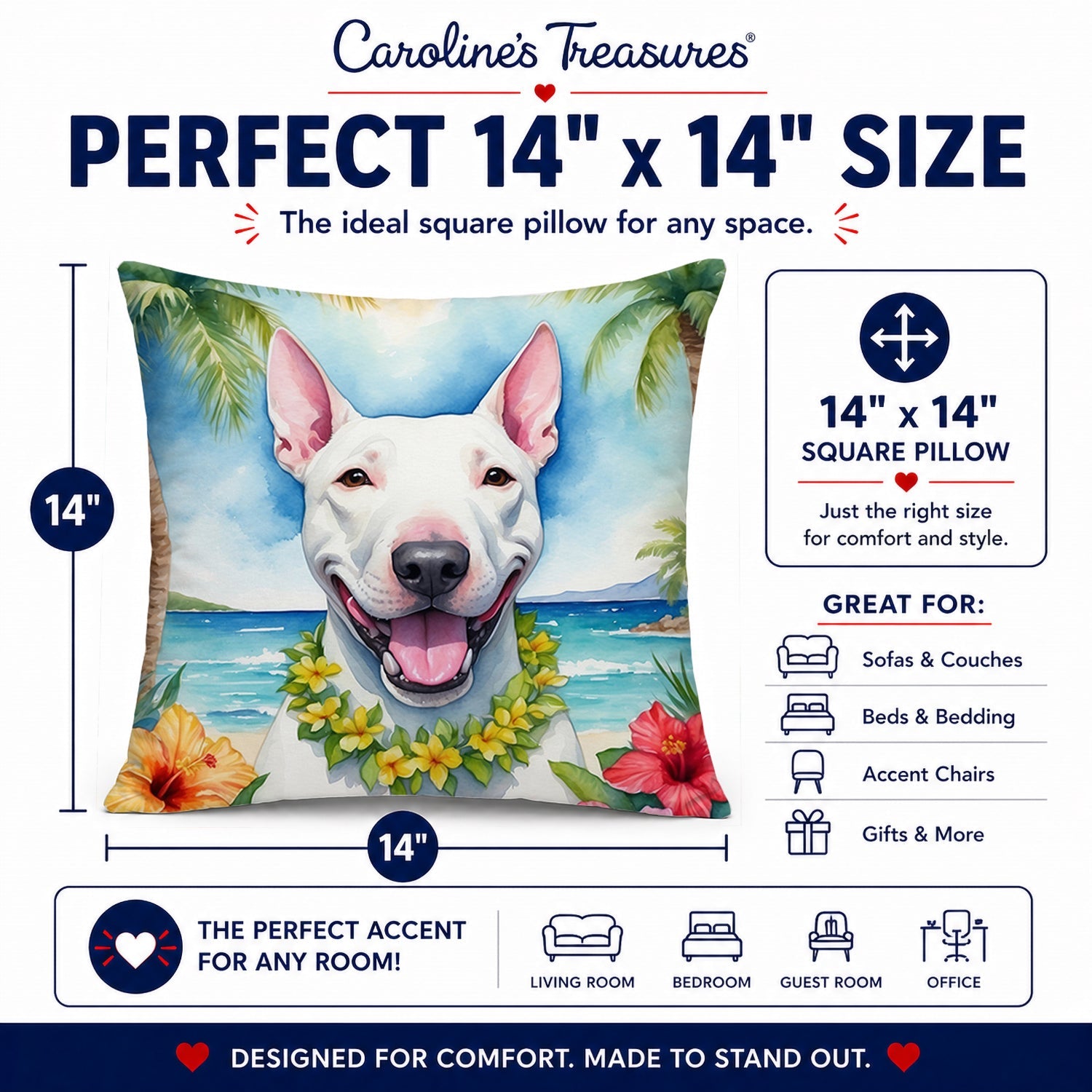 Bull Terrier Luau Decorative Throw Pillow 14x14 Indoor Outdoor Accent Cushion, Fabric Cover with Insert for Sofa, Bed, Porch & Living Room