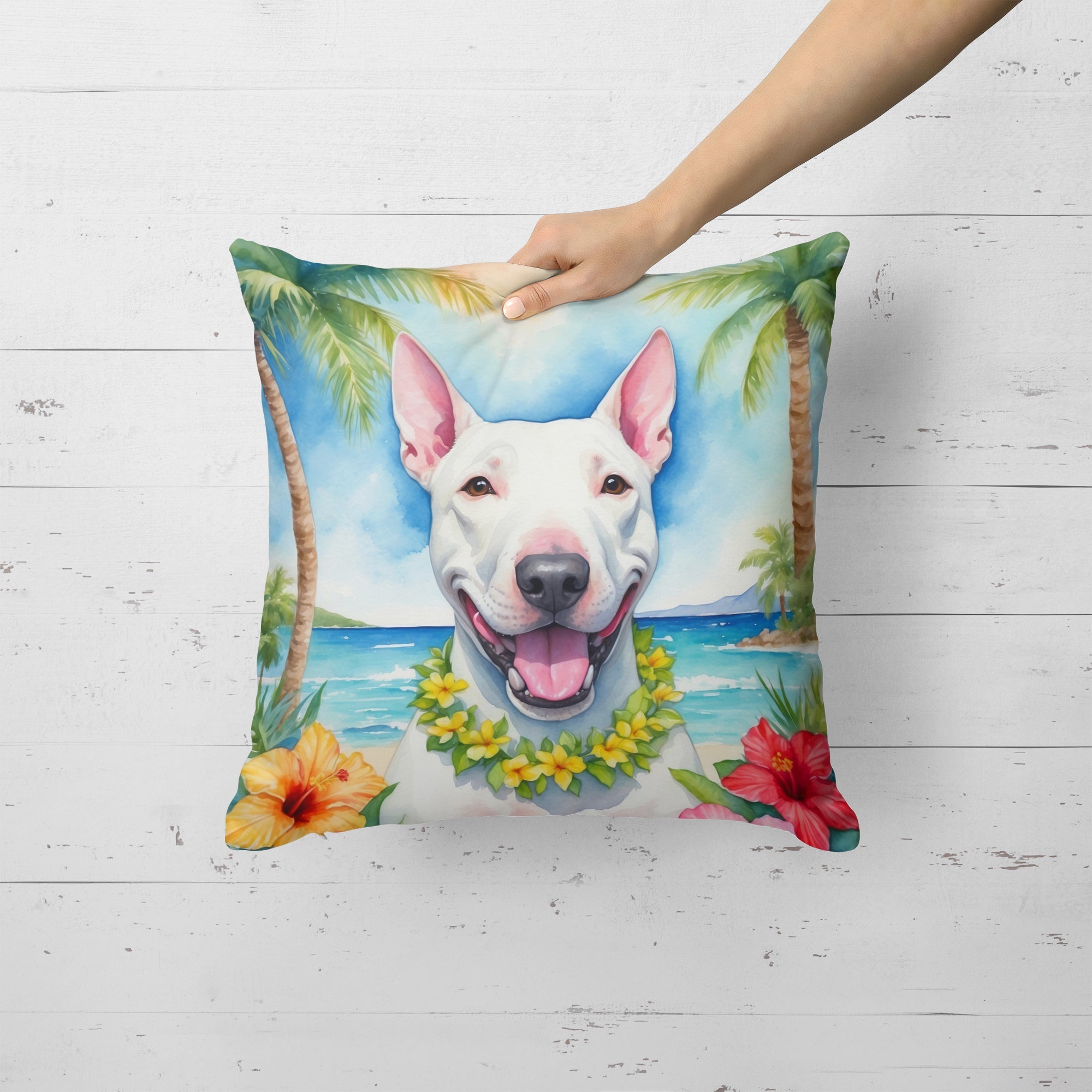 Bull Terrier Luau Decorative Throw Pillow 18x18 Indoor Outdoor Accent Cushion, Fabric Cover with Insert for Sofa, Bed, Porch & Living Room