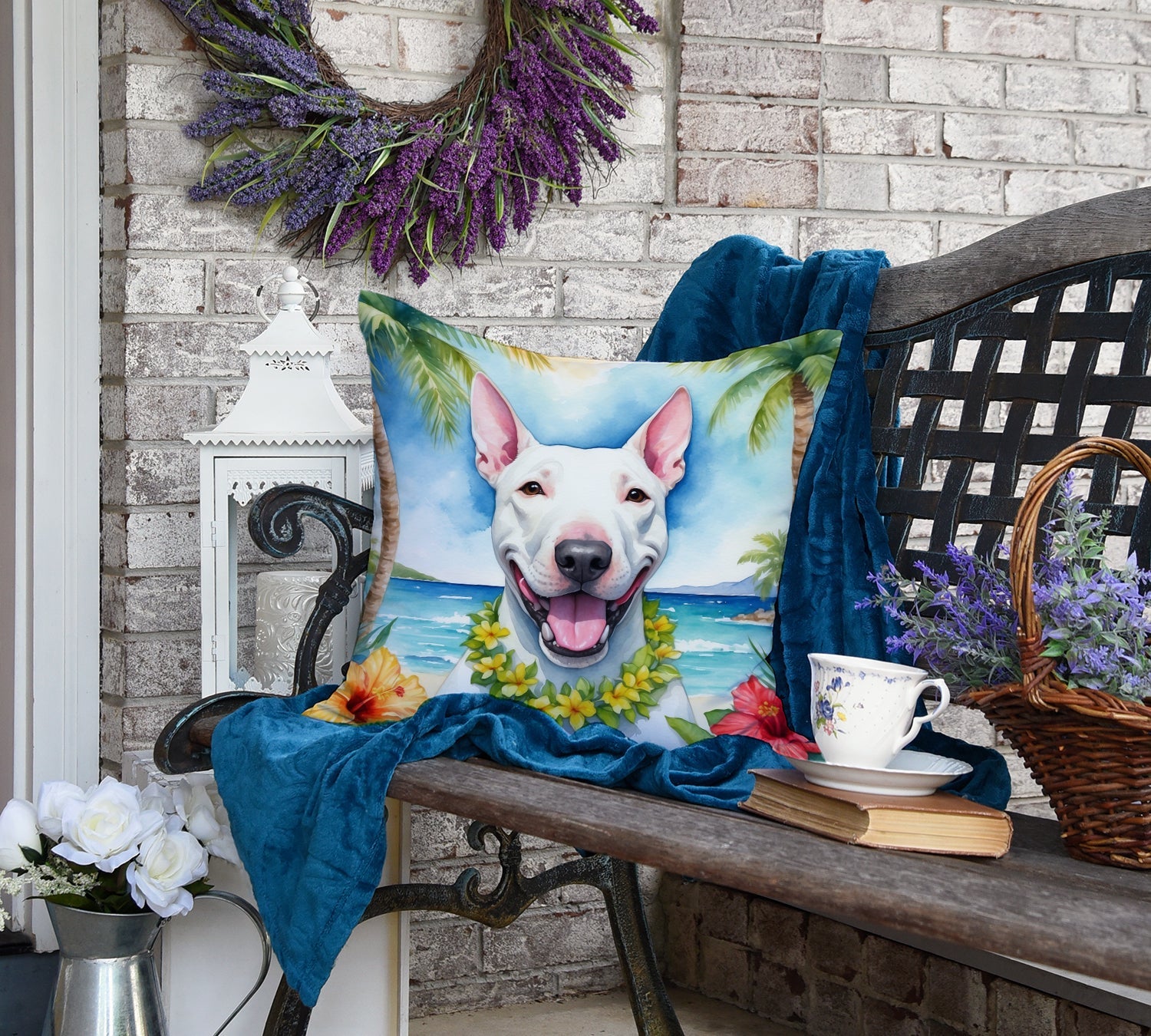 Bull Terrier Luau Decorative Throw Pillow 18x18 Indoor Outdoor Accent Cushion, Fabric Cover with Insert for Sofa, Bed, Porch & Living Room